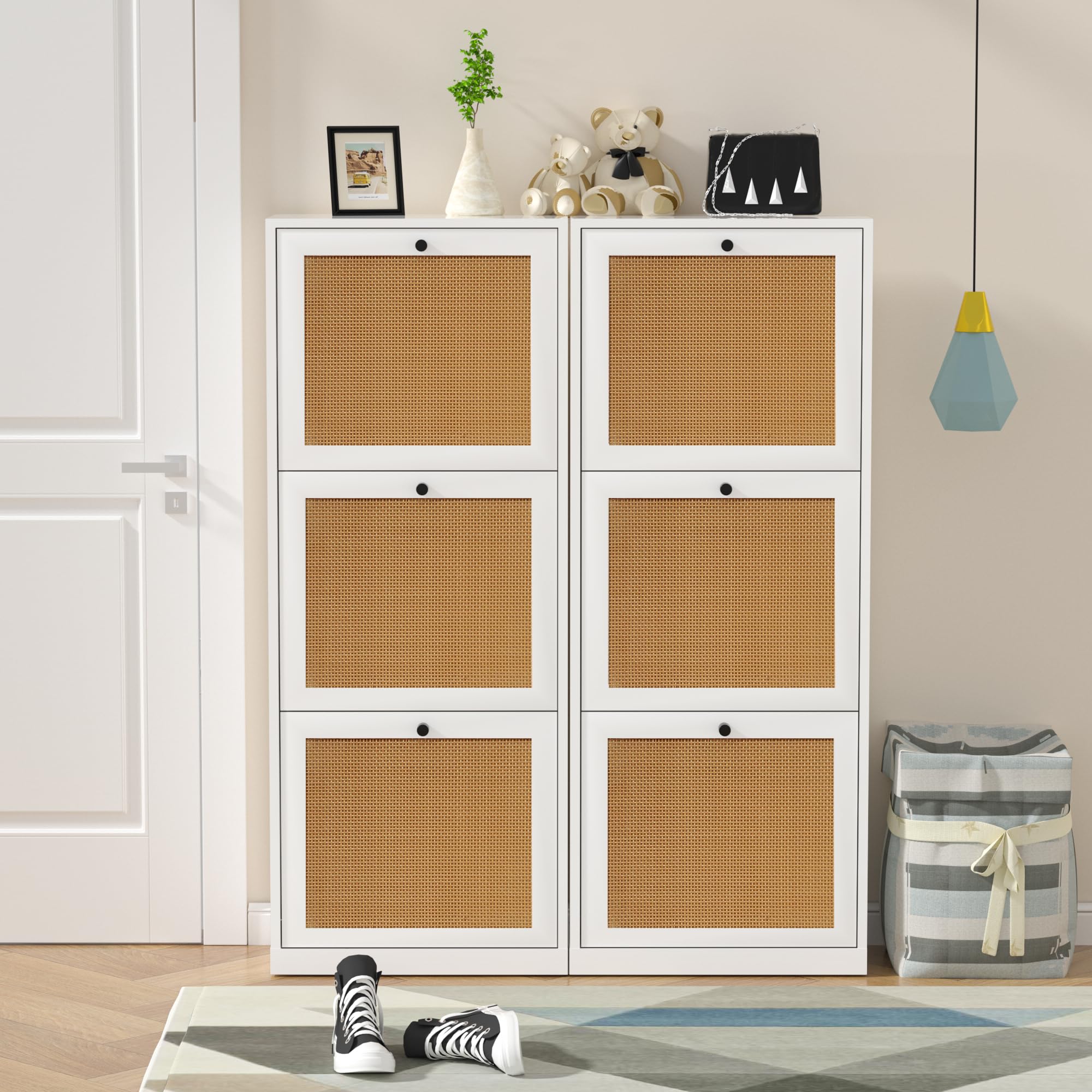 Anmytek 3-Tier Rattan Shoe Storage Cabinet with Flip Drawers - White Entryway Organizer for Hallway, Living Room & Bedroom | Wooden Shoe Rack with 3 Compartments | Perfect for Small Spaces & Home Decor (Model S0003)
