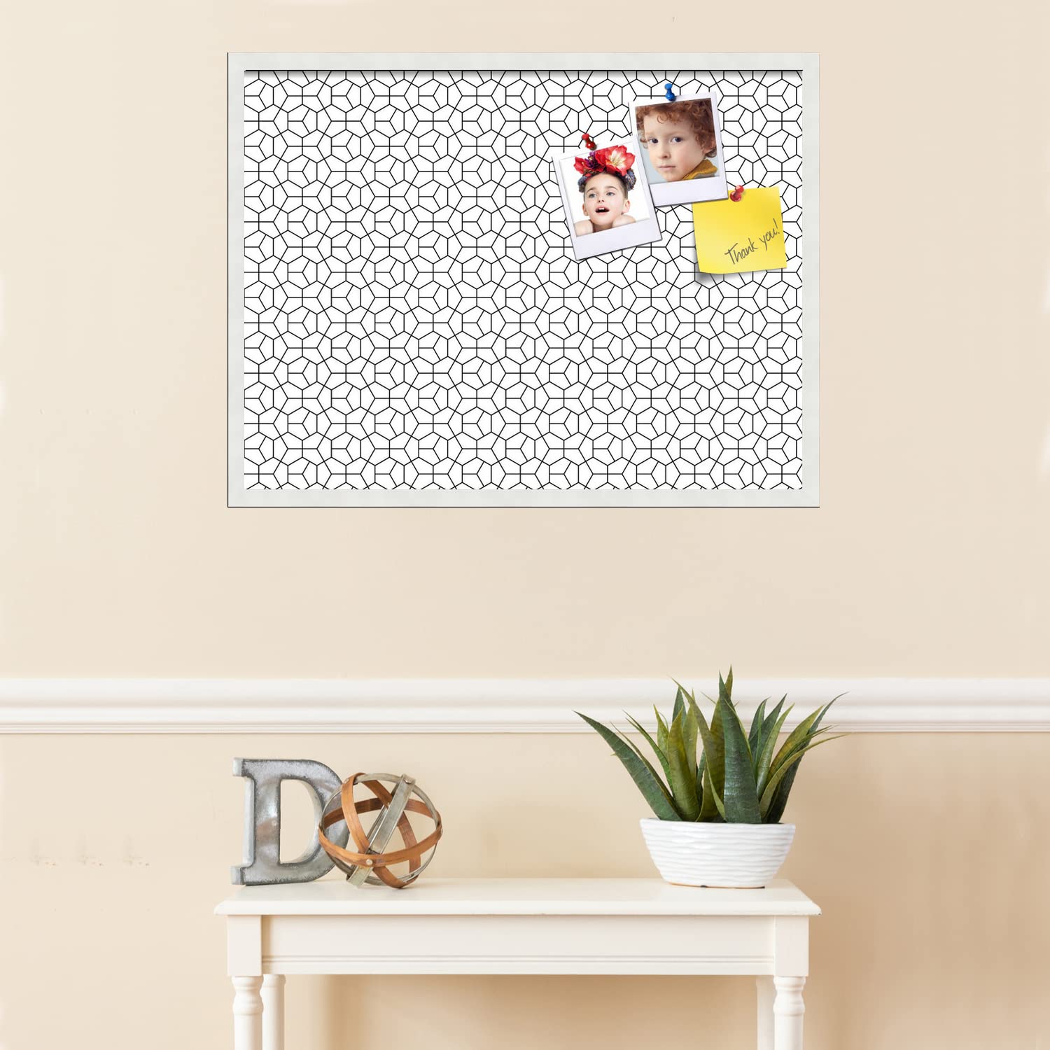 PinPix 32x24 Inch Cork Bulletin Board with Modern Hex Black Design & Satin White Frame - Wall Mounted Memo Board for Home Office Decor, School Classroom, Dorm Room Organization & Message Display (PinPix-1539)