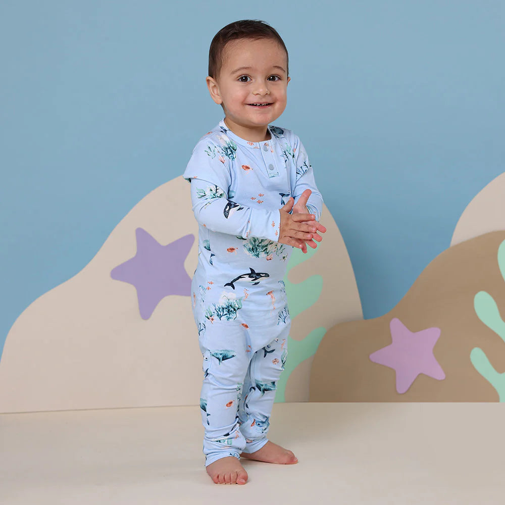 Organic Baby Growsuit - Snuggle Hunny Soft Cotton One-Piece Pajama - Blue Ocean Design for Newborns & Infants - Perfect for Sleepwear, Playtime & Photo Shoots