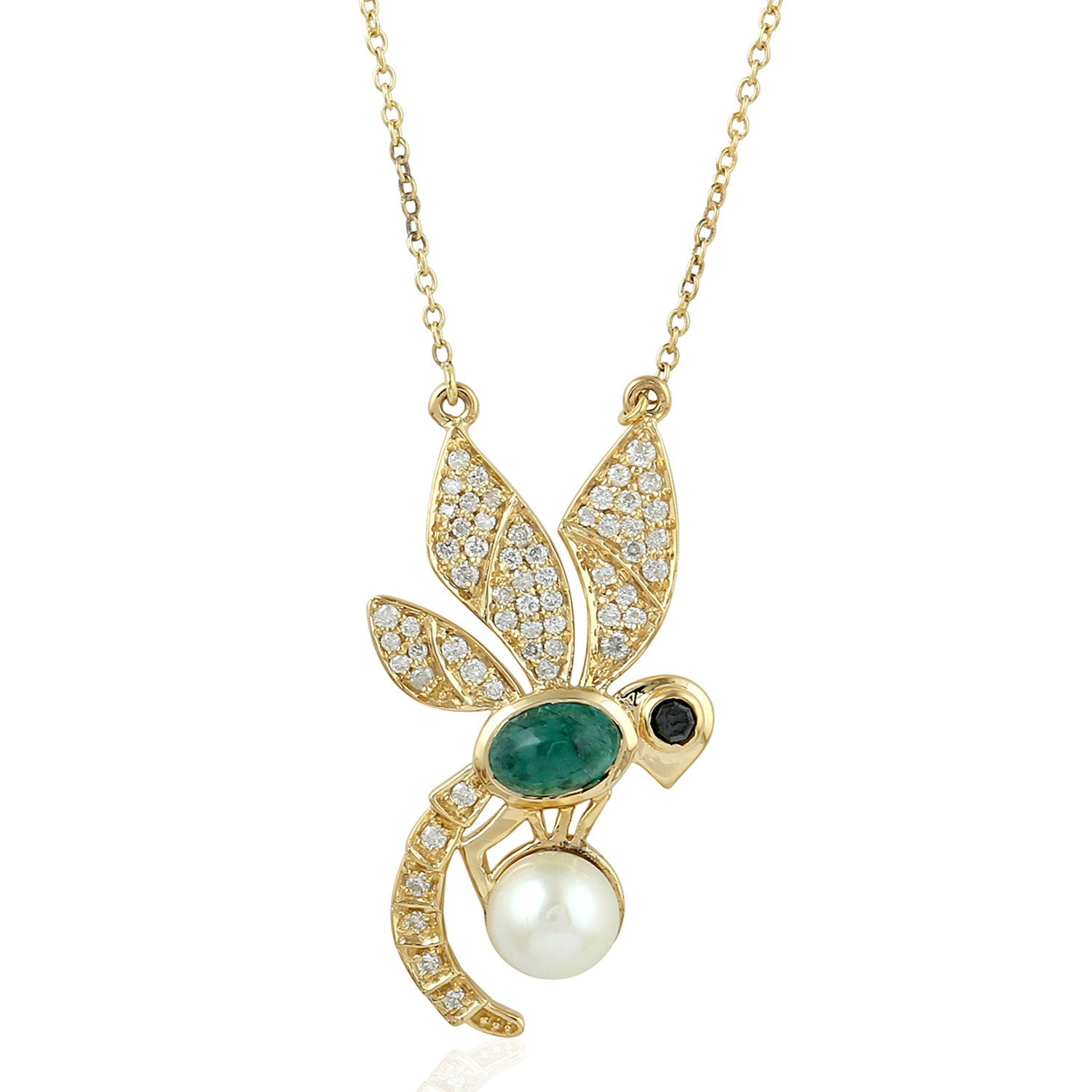 18K Yellow Gold Oval Cut Emerald Bezel Pearl Pave Diamond Dragonfly Necklace - Elegant Jewelry for Women, Perfect for Weddings, Anniversaries & Special Occasions