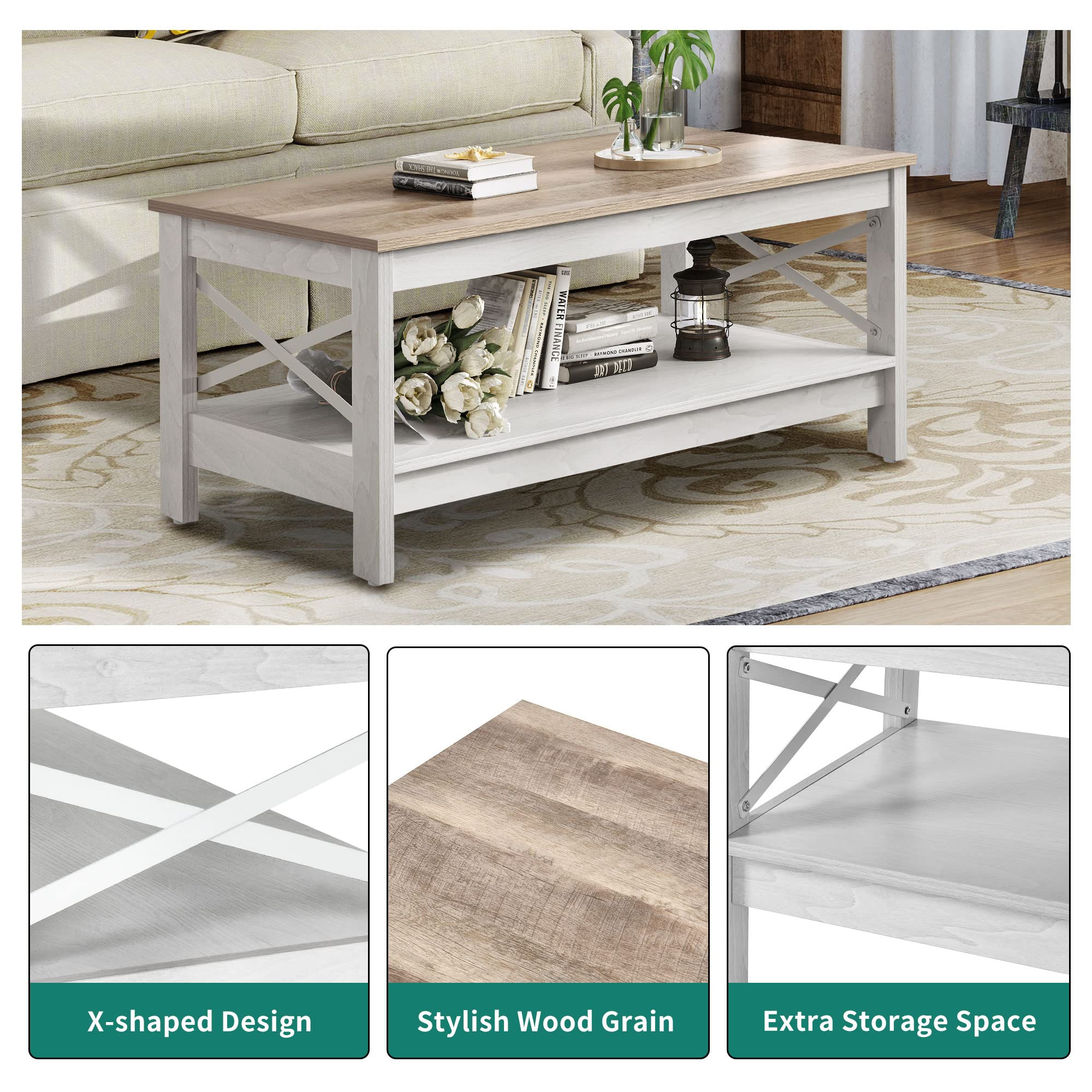 Modern Farmhouse Coffee Table with Storage - 2-Tier Wooden Living Room Center Table, Grey Wash, Sturdy Frame | Accent Cocktail Table for Living Room, Farmhouse Decor, Small Space Furniture