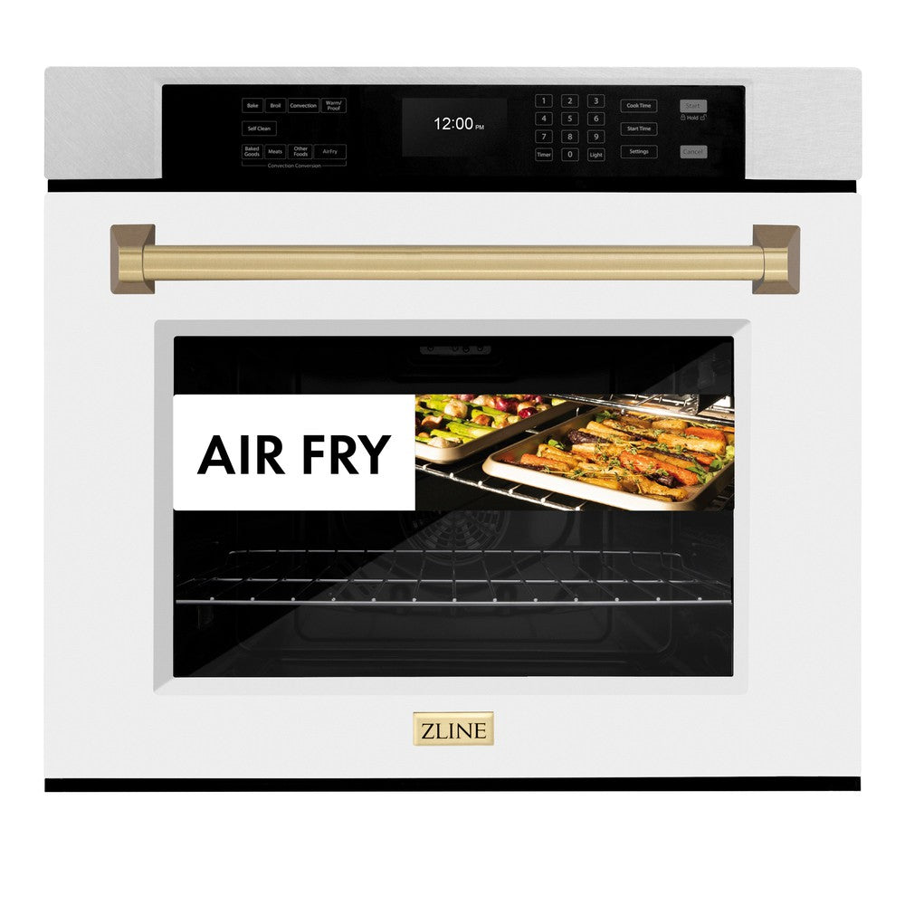 ZLINE 30 Inch Professional True Convection Single Wall Oven with Air Fry & Self Clean - Satin Stainless Steel, White Matte Door & Champagne Bronze Handle (WASSZ WM 30 CB) | Perfect for Home Chefs & Modern Kitchens
