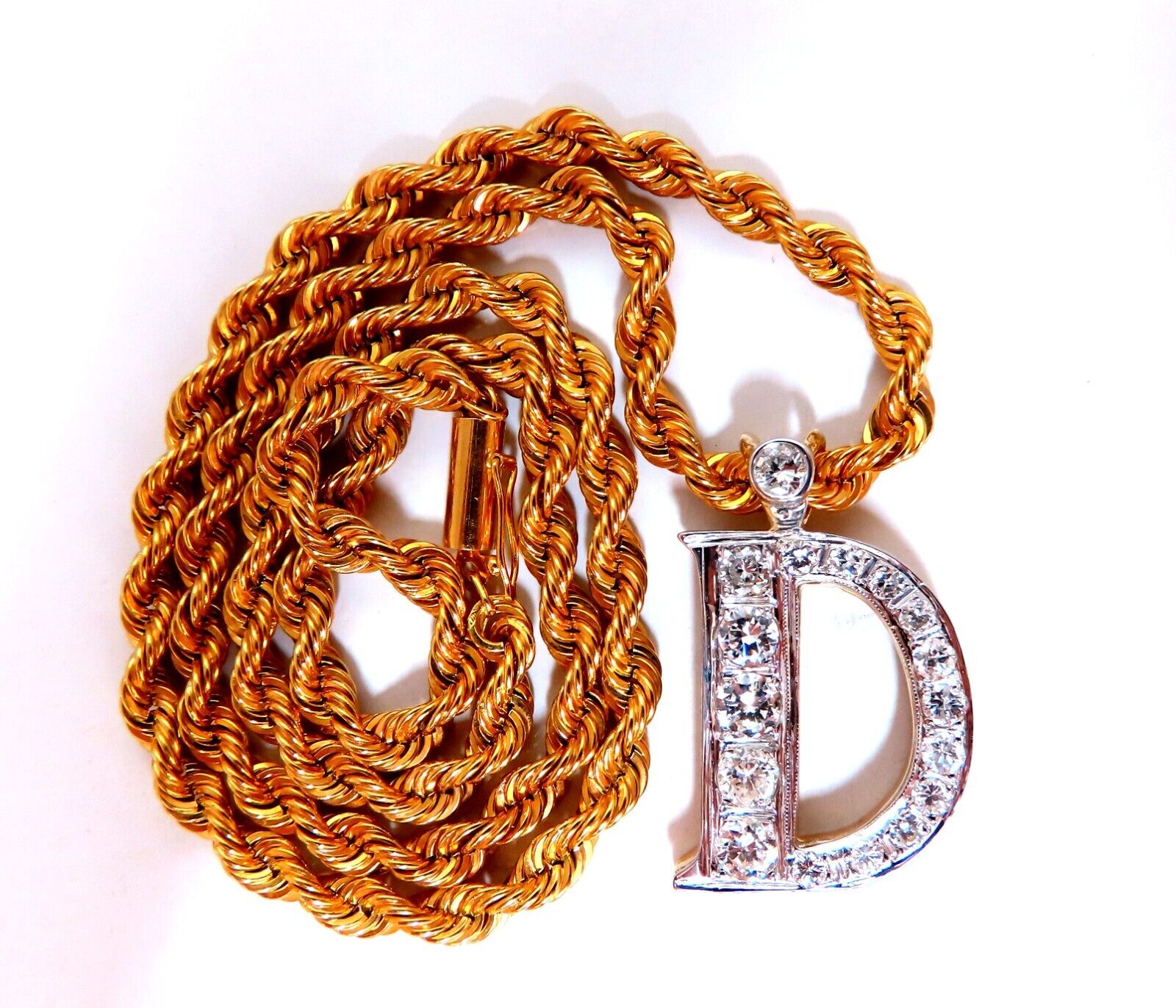 2 Carat Natural Diamond D Initial Necklace - 14K Gold Rope Chain - Elegant Personalized Jewelry Gift for Women, Birthday, Anniversary, Valentine's Day