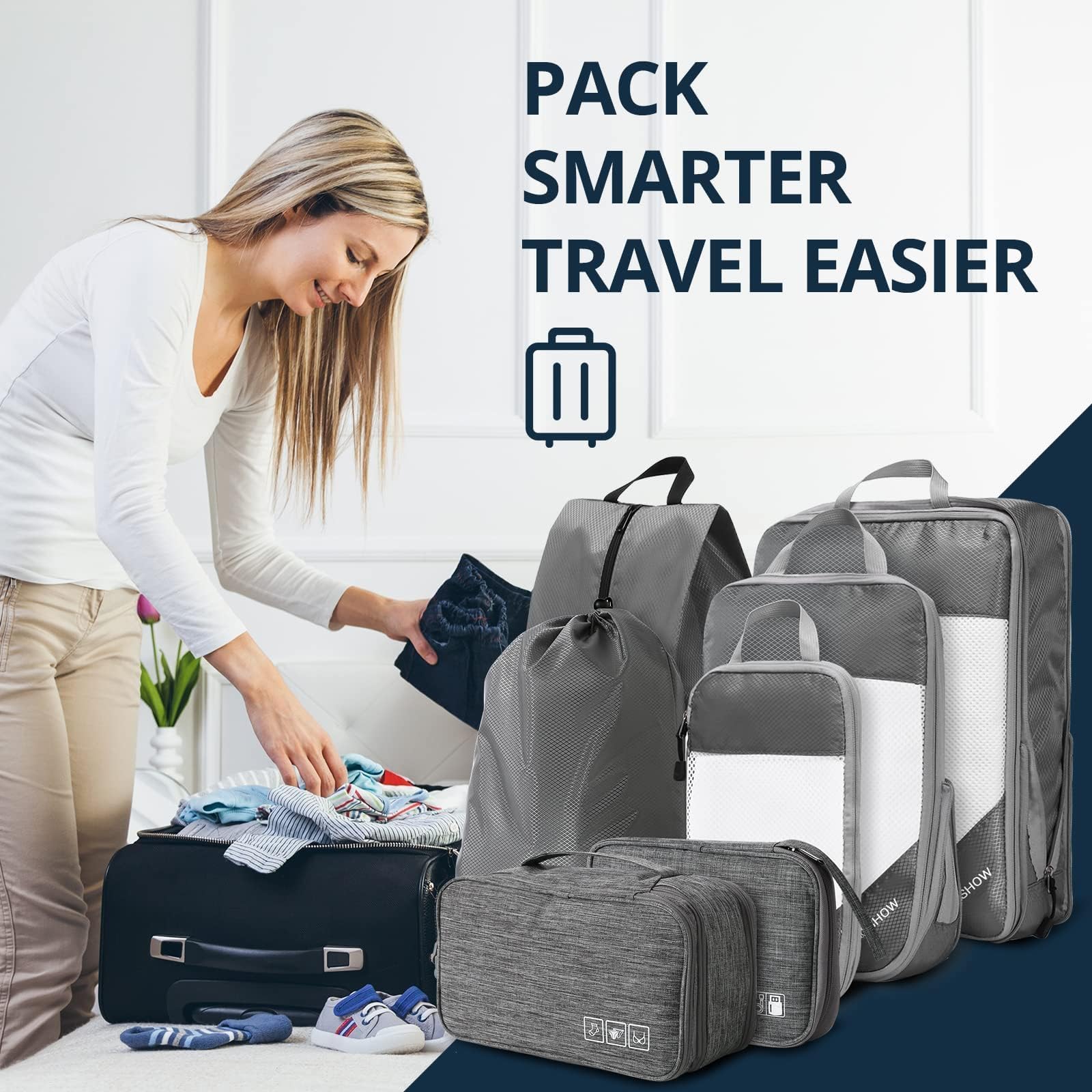 7-Piece Compression Packing Cubes Set for Travel - Lightweight & Space-Saving Organizer for Luggage, Suitcases & Backpacks | Perfect for Women's Travel Essentials in Grey | Ideal for Business Trips, Vacations & Weekend Getaways