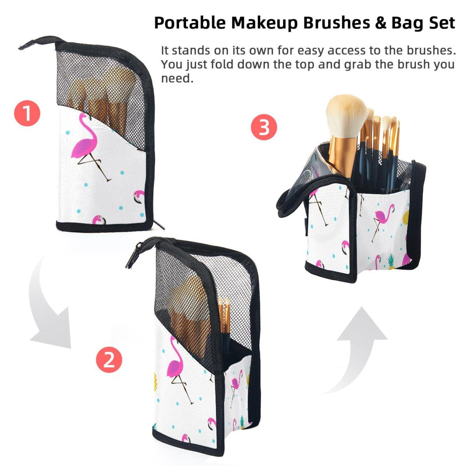 Portable Makeup Brush Organizer Bag with 12 Slots - Pink Flamingo & Pineapple Design - Travel Cosmetic Brush Holder Case for Home & On-the-Go Makeup Storage