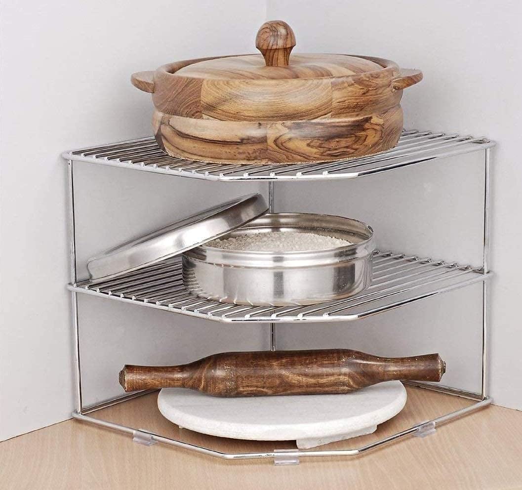 TechSrmaji Steel 3-Tier Kitchen Rack – Corner Storage & Dish Organizer, Chakla Belan Rack, Countertop Shelf for Small Space Kitchen, Perfect for Apartments & Compact Homes