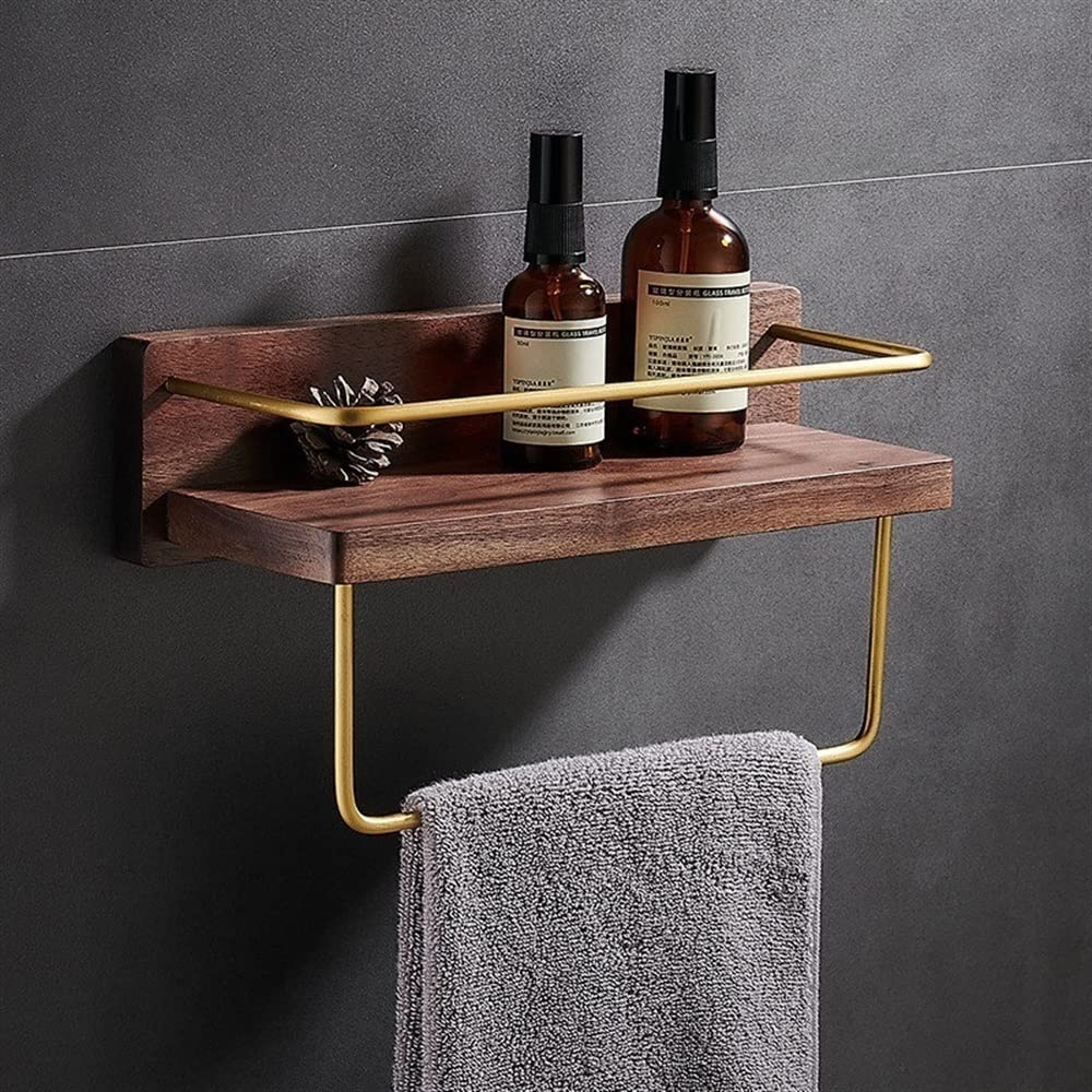 Brass & Wood Shower Caddy Shelf - Wall Mounted Bathroom Organizer for Bath & Kitchen Storage (40cm with Bar)