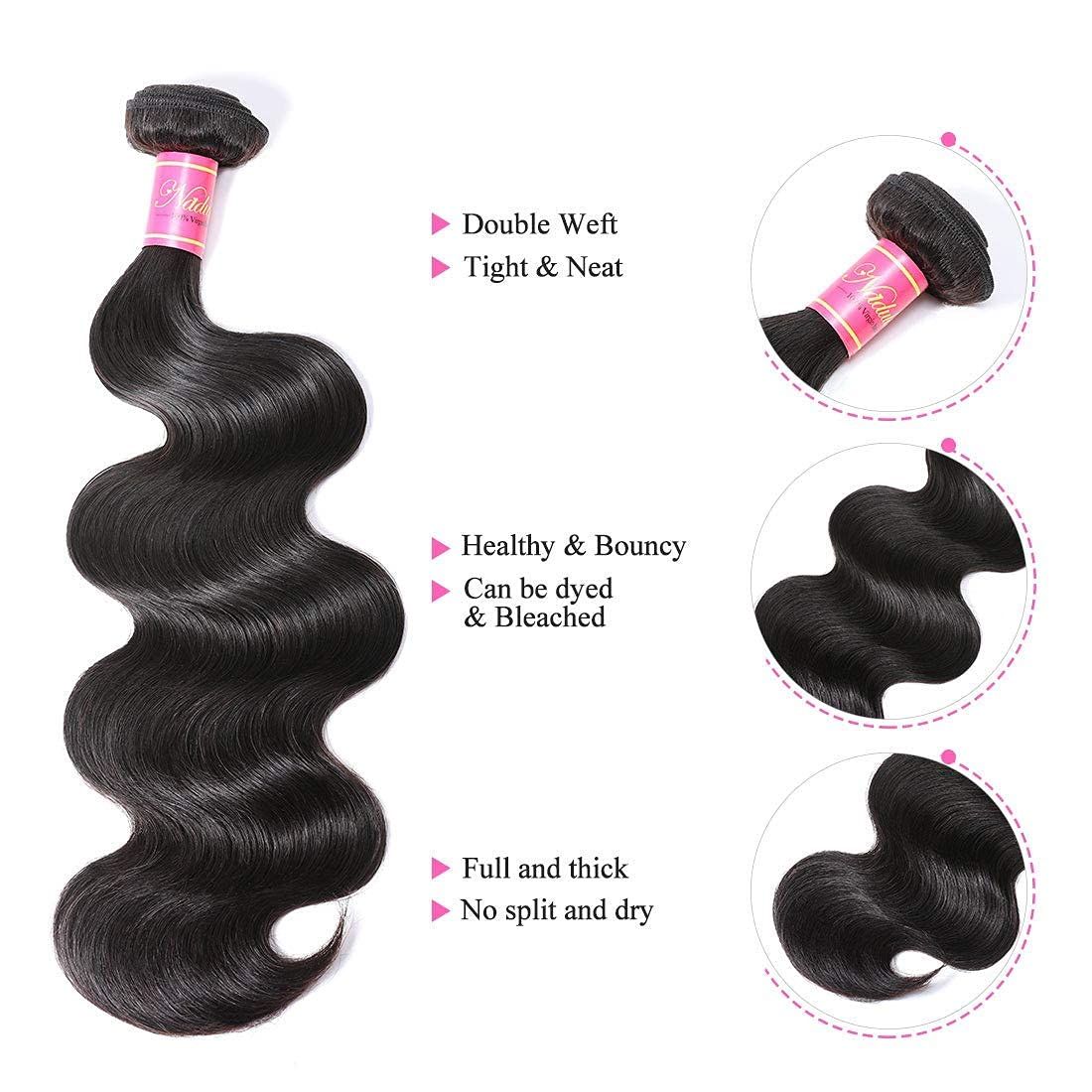 Nadula 100% Unprocessed Brazilian Virgin Human Hair Extensions - 10A Grade Body Wave 3 Bundles with Double Weft (18/20/22 Inch) for Natural Look | Perfect for Daily Wear, Parties & Special Occasions