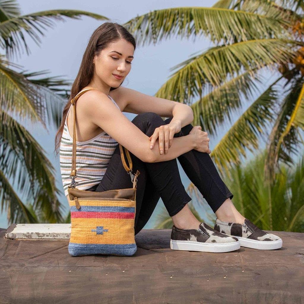 Myra Cross-Body Bag - Upcycled Cotton & Leather - Yellow & Blue Stripes - Perfect for Casual Outings