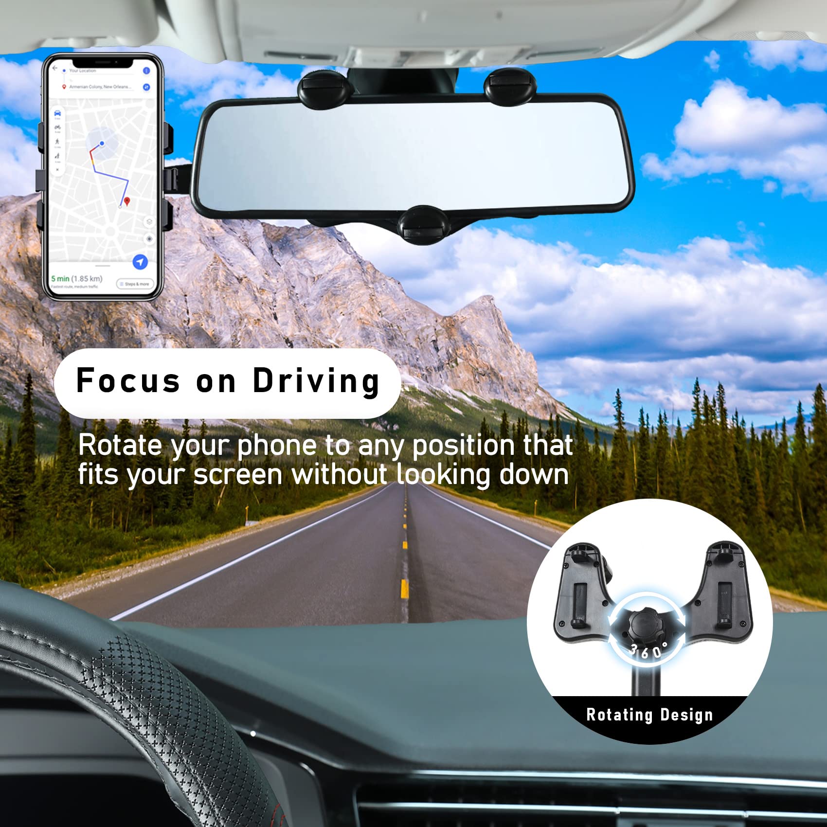 360° Rotatable & Retractable Car Phone Holder - Universal Dashboard/Windshield Mount for iPhone & Android - Perfect for GPS Navigation, Hands-Free Calls & Road Trips