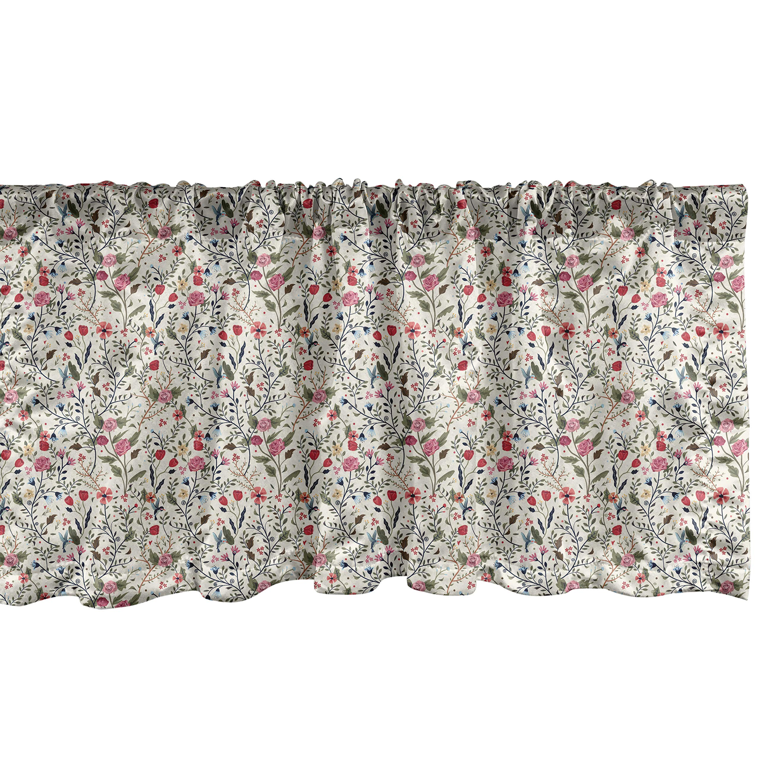 Ambesonne Floral Window Valance - Colorful Spring Flowers Design with Roses, Tulips & Daisies | Rod Pocket Curtain for Kitchen & Bedroom | 54x18 Inches | Ivory & Dark Pink | Perfect for Farmhouse & Cottage Decor