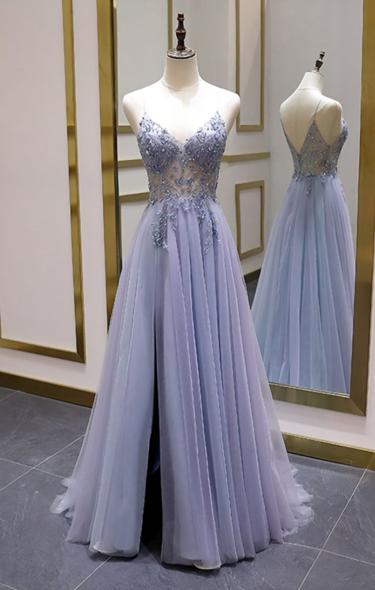 Elegant Beaded A-Line Spaghetti Strap Long Prom Dress with Tulle Skirt & High Slit - Perfect for Evening Parties, Homecoming & Formal Events - Style J5035