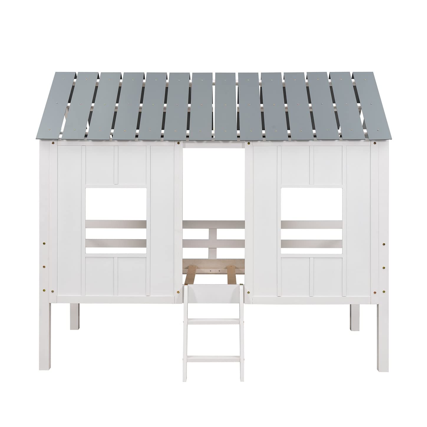 Modern White Wooden Twin Size Low Loft House Bed with Roof & Windows - Stylish Kids Bedroom Furniture for Small Spaces & Cozy Sleep