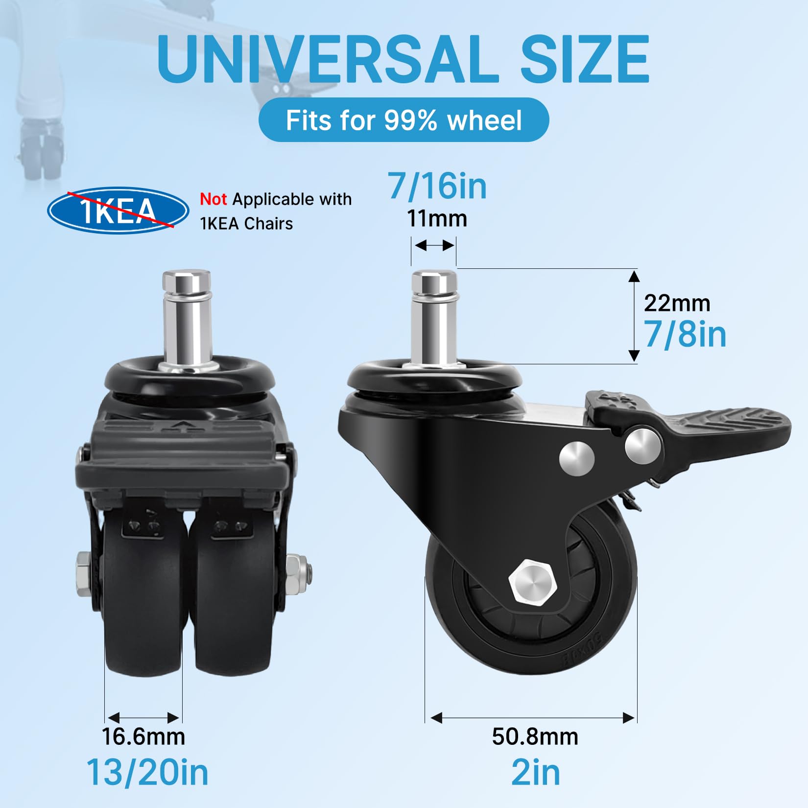 **Heavy Duty 2 Inch Office Chair Caster Wheels with Brake - 11mm Stem, 750lbs Capacity (Set of 5) - Universal Fit, Quiet Rubber Rollers for Hardwood & Carpet Floors - Perfect for Home Office, Conference Rooms & Workspaces**