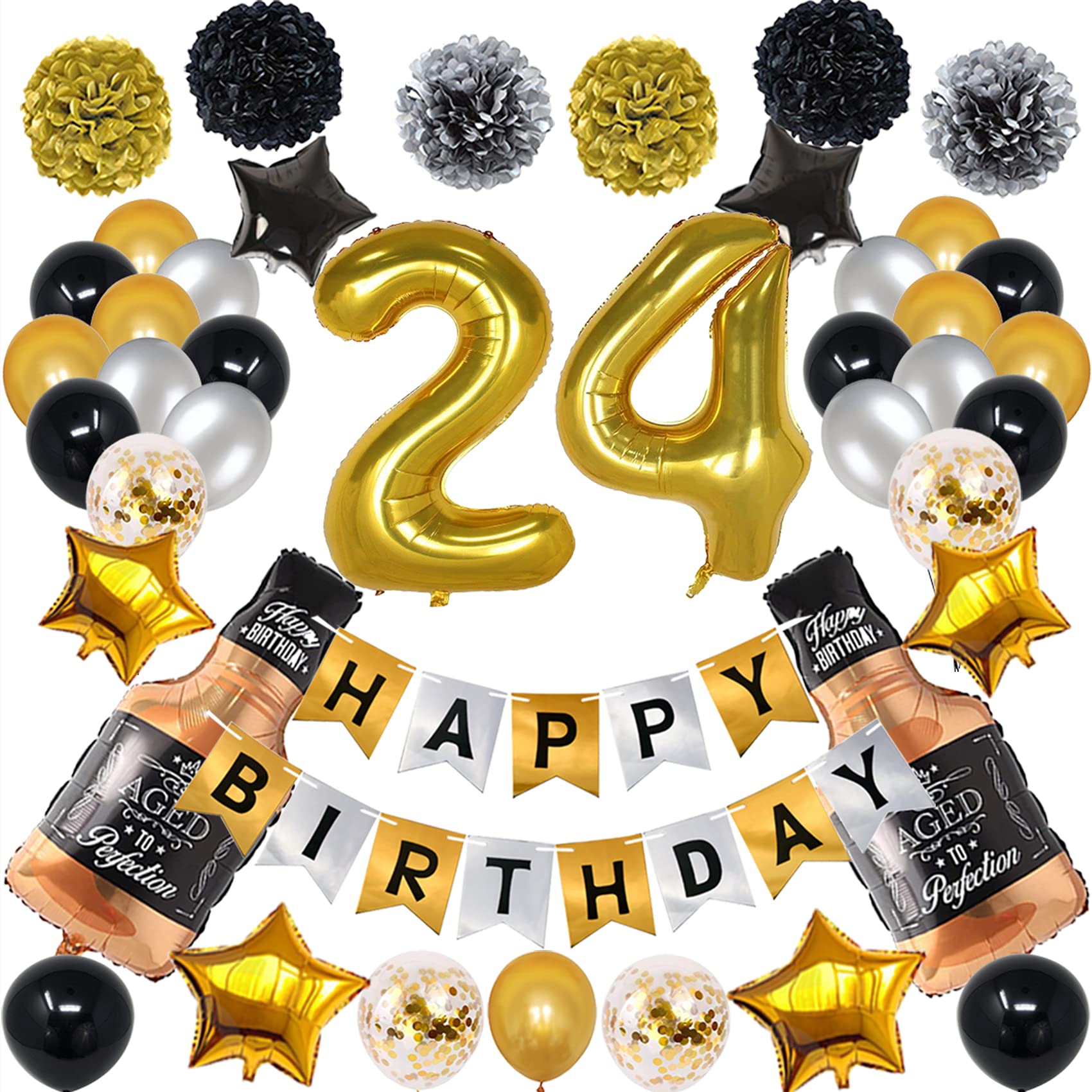 24th Birthday Party Decorations Set - Gold & Black Theme for Men & Women - Includes 24 Number Balloons & Happy Birthday Banner - Perfect for Milestone Celebrations, Surprise Parties & Instagram-Worthy Photos