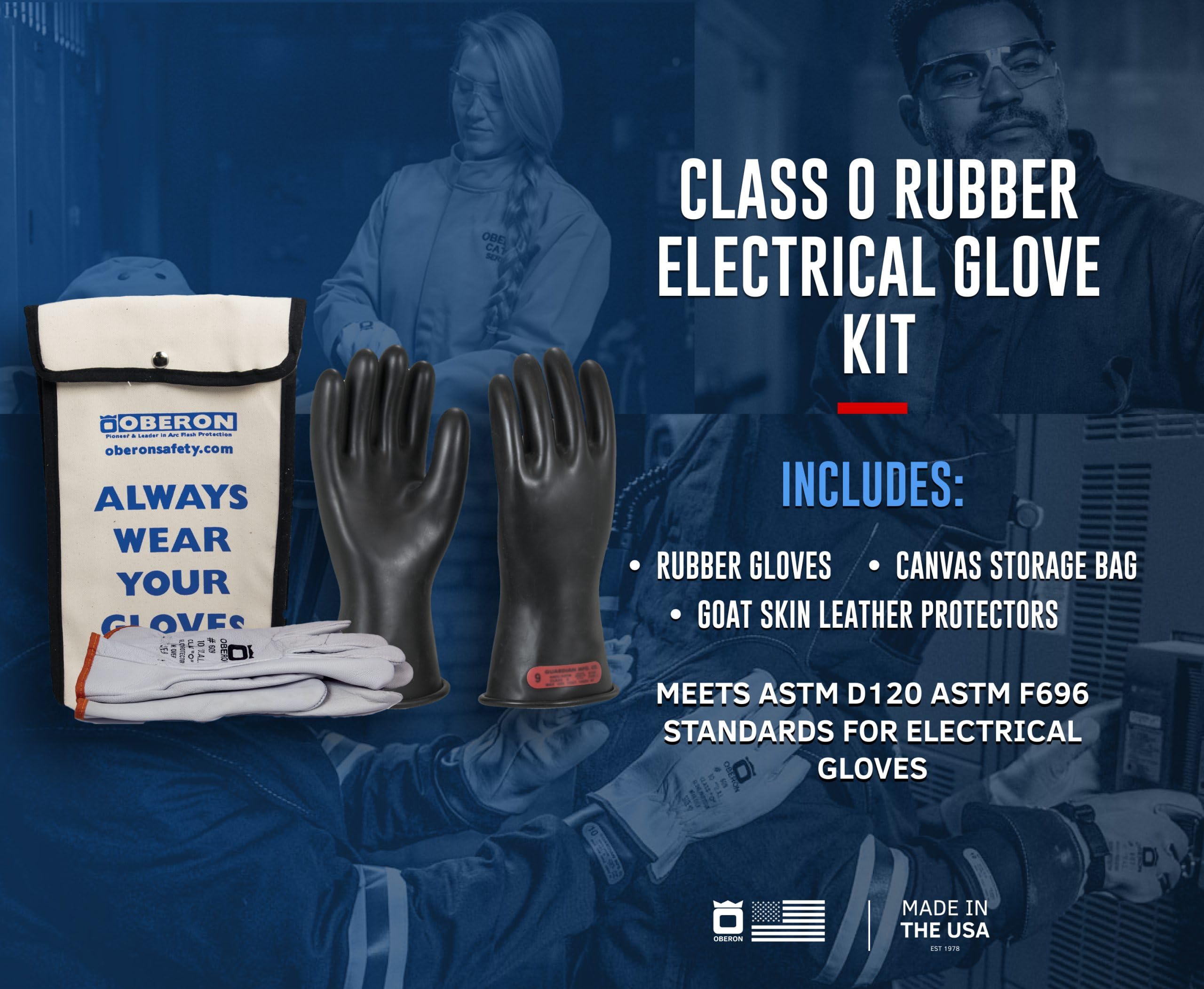 OBERON Class 0 Electrical Safety Gloves Kit - Insulated Rubber Gloves with Leather Protectors & Storage Bag for Electricians | OSHA Compliant Electrical Work Protection Gear for Utility Workers & Linemen