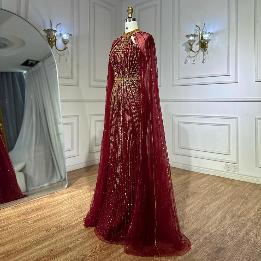 Luxury Dubai Wine Red Beaded Mermaid Evening Gown with Cape - Formal Saudi Arabian Dress for Weddings, Galas & Special Occasions | LA72707A