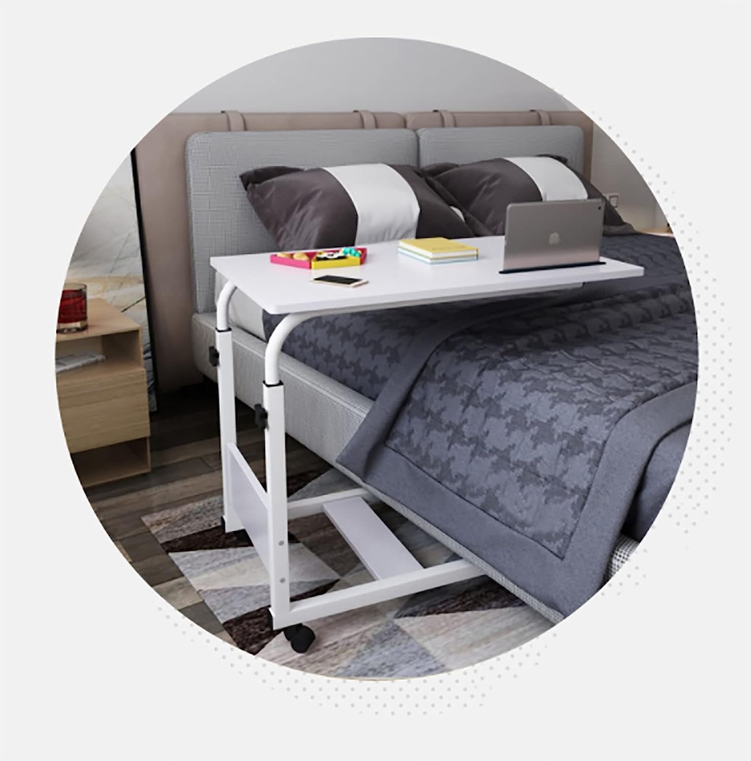 Adjustable Overbed Table with Wheels - Portable Laptop Desk & Mobile Standing Workstation, Steel Frame Side Table for Bed, Sofa, or Office Use - Perfect for Working, Eating, or Reading in Bed