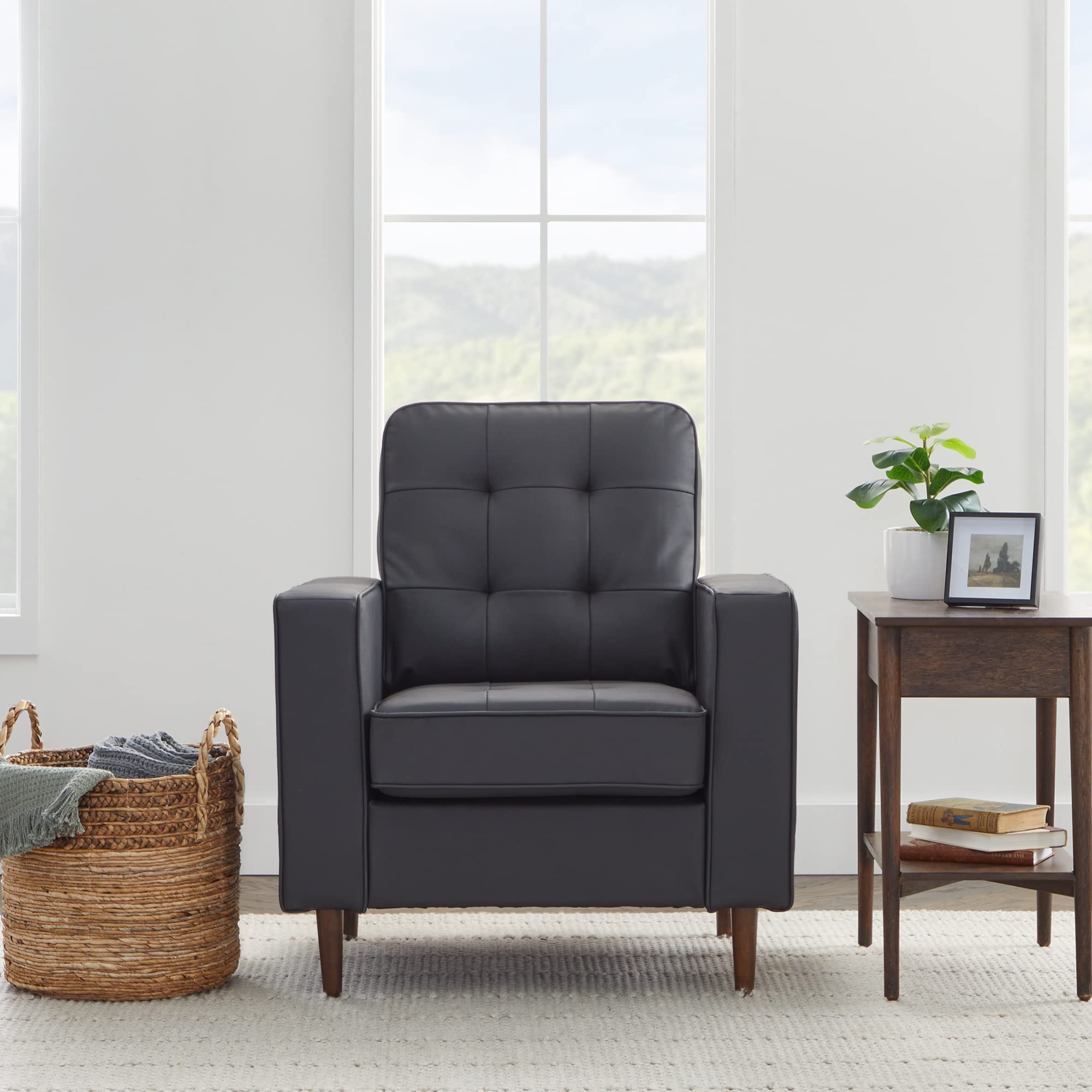 Edenbrook Lynnwood Upholstered Accent Chair - Modern Faux Leather Living Room Chair - Mid-Century Small Armchair - Black Home Decor Furniture - Perfect for Lounge, Reading Nook & Apartment Decor