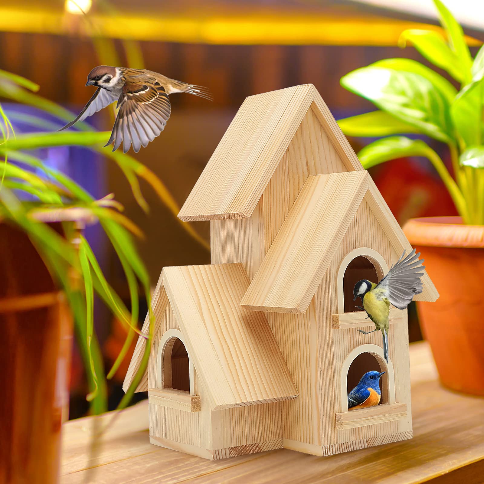 Lyfreen DIY Pine Wooden Bird House for Outside - Hanging Tools Included for Bluebirds, Hummingbirds, Wrens & Finches - Garden Bird Hut Box for Backyard, Patio & Outdoor Decoration