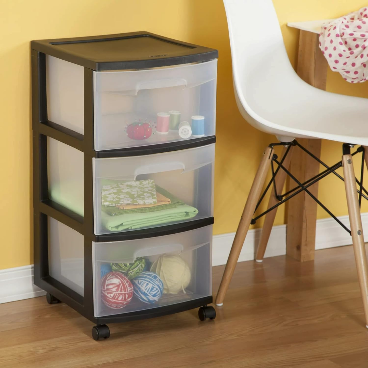 3-Drawer Plastic Storage Cart with Removable Wheels - Medium Home Organization Solution for Bedroom, Closet & Office - Black (Set of 1)