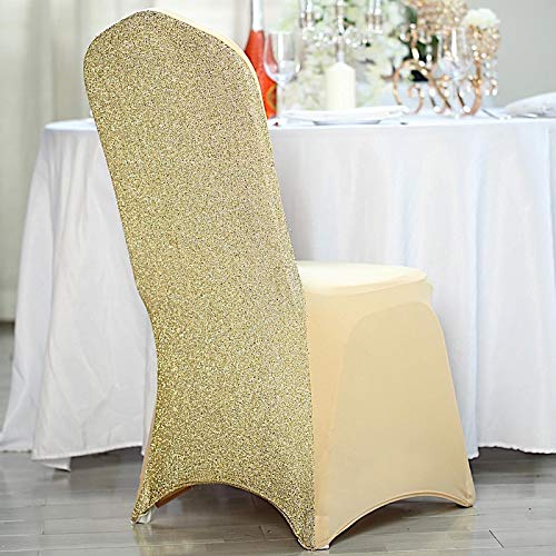 25 Pcs Champagne Metallic Spandex Stretchable Banquet Chair Covers - Elegant Balsa Circle Design for Wedding, Party & Reception Decorations - Perfect for Bridal Showers, Anniversary Celebrations & Formal Events