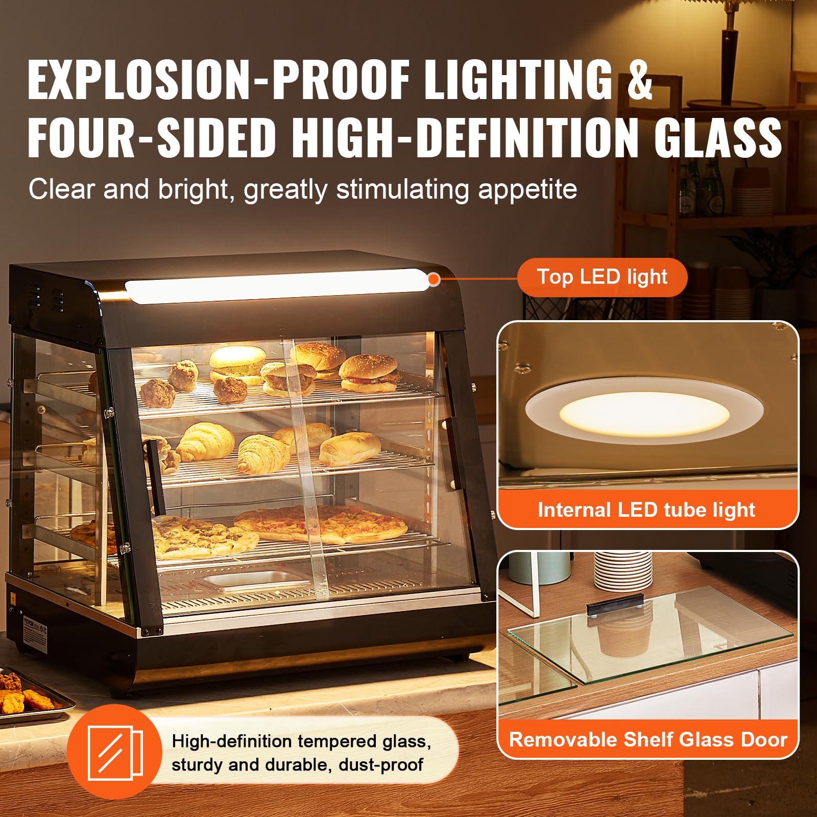 VEVOR 3-Tier Commercial Food Warmer Display - 1200W Electric Food Warmer with LED Light, Adjustable Shelves & Digital Temperature Control (86°F-185°F), 111L Capacity - Perfect for Restaurants, Cafes & Buffets Serving Burgers, Pizza, Bread & Fried Chicken