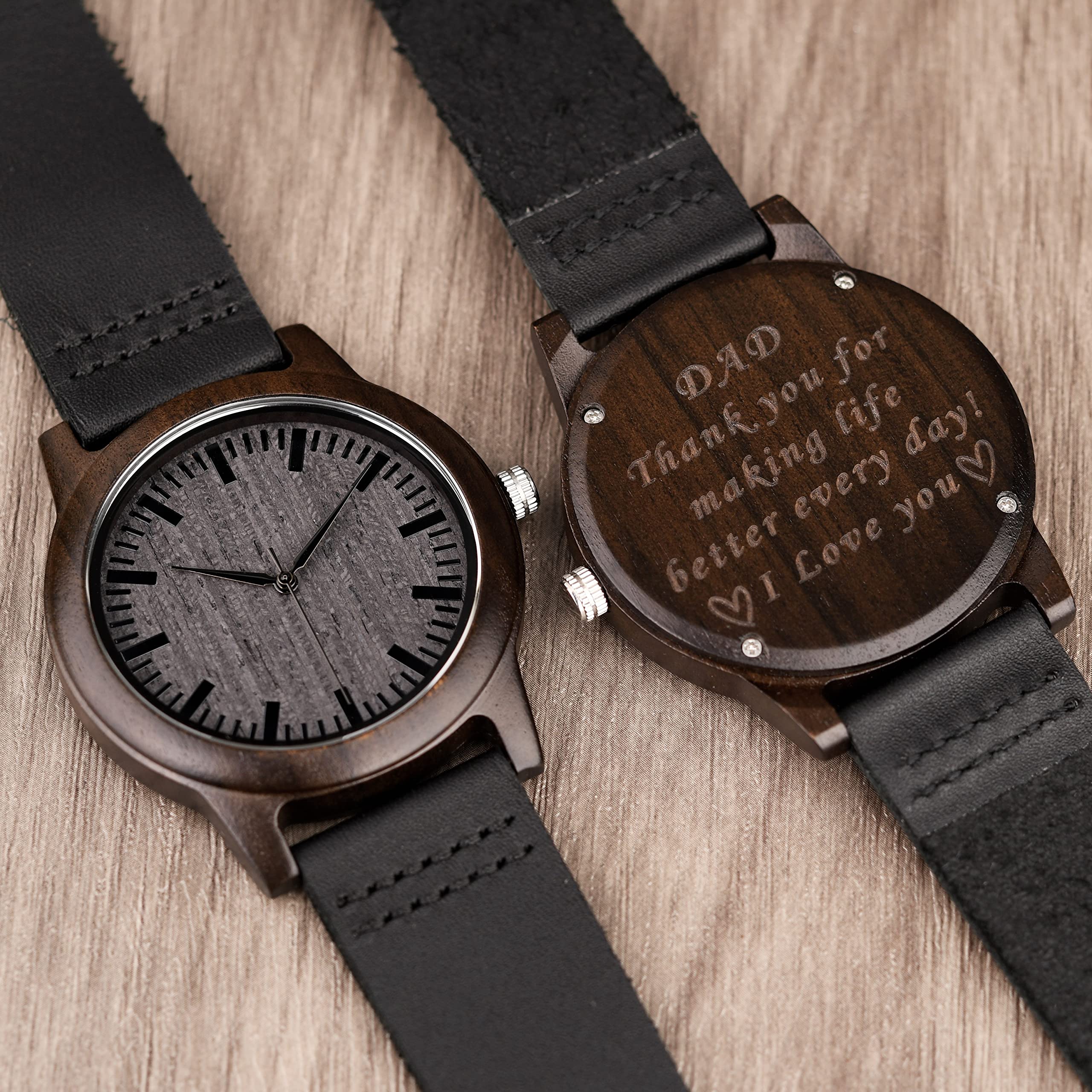Personalized Engraved Wood Watch for Men - Ebony Wood & Leather Strap - Anniversary, Birthday Gift for Husband, Boyfriend, Dad - Best Man & Groomsmen Watch - Perfect for Weddings, Formal Events & Everyday Wear
