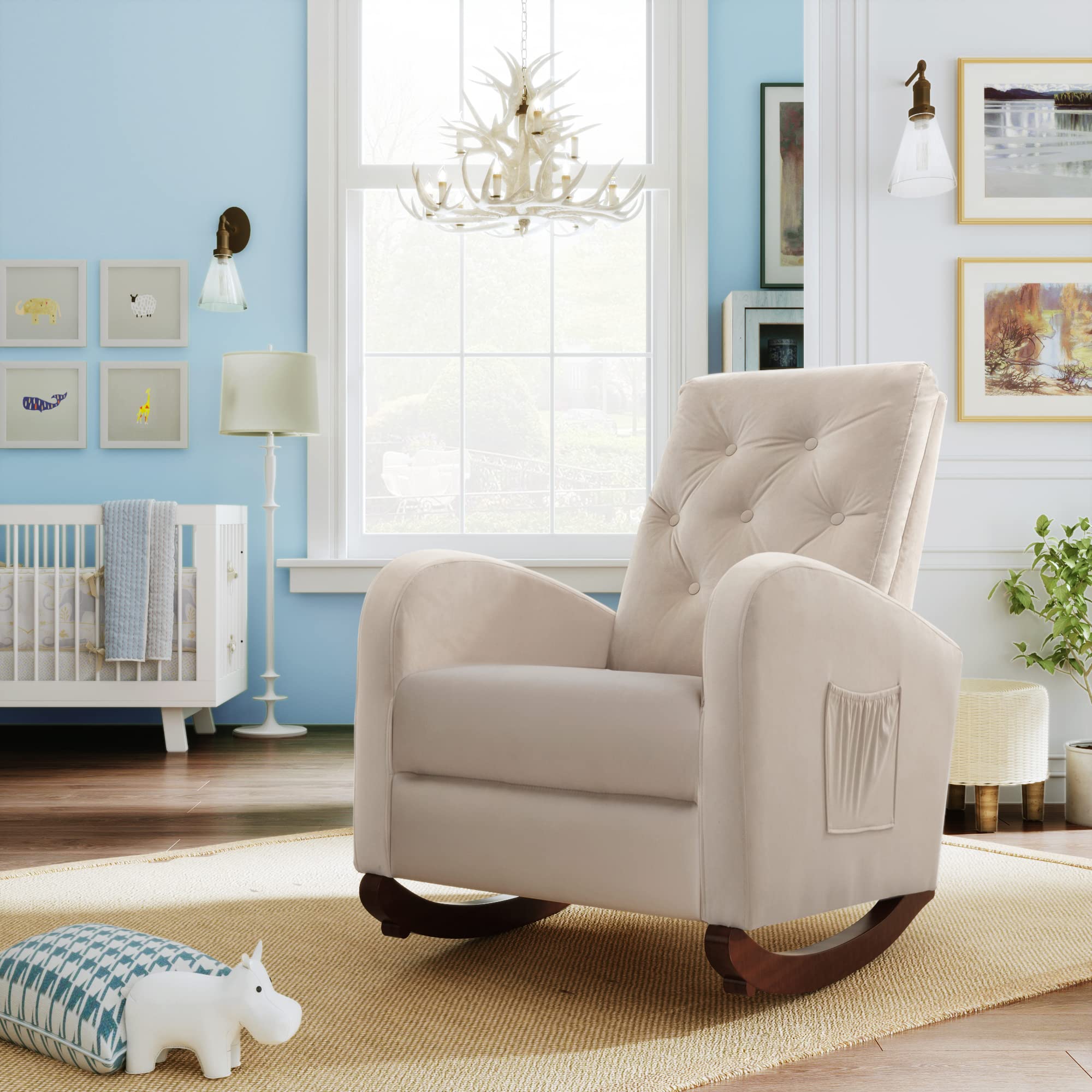 **Modern Rocking Chair Nursery Glider Recliner - High Back Cushion & Pocket - Comfortable Accent Chair for Baby Nursery, Kids Room & Living Room - Beige - Perfect for Breastfeeding, Relaxing & Reading**