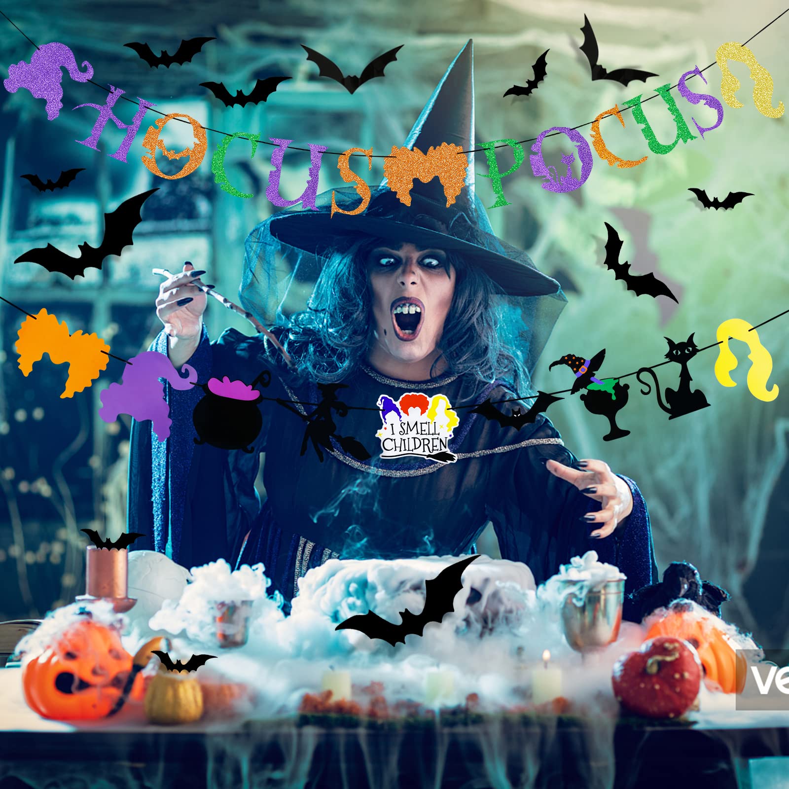 Hocus Pocus Halloween Party Banner & Bats Wall Decals - Witch Themed Party Decorations for Halloween - Perfect for Spooky Home Decor, Witch Parties & Halloween Events