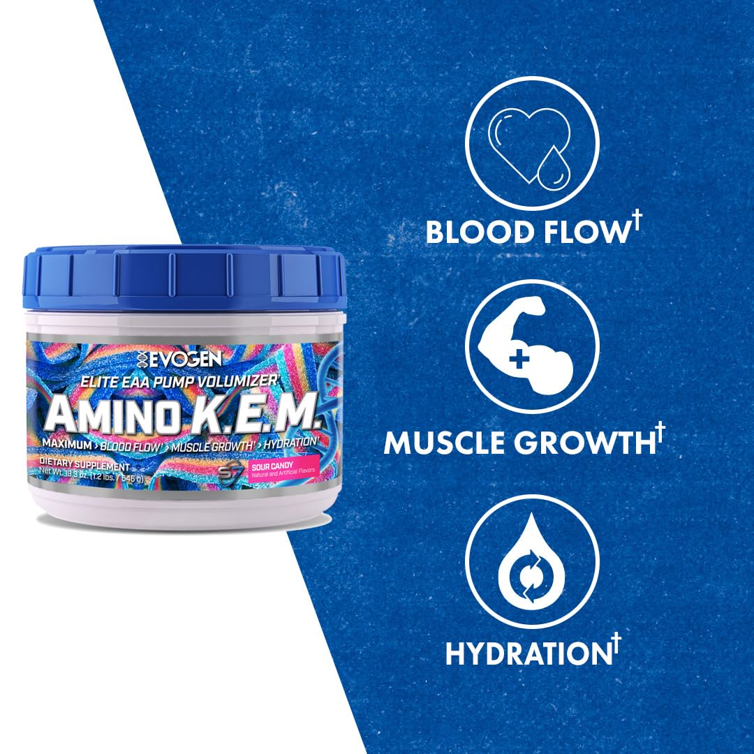 Evogen Amino K.E.M. - EAA & BCAA Powder Pump Volumizer | Essential Amino Acids Supplement for Blood Flow, Muscle Growth & Hydration | Sour Candy Flavor | 30 Servings | Pre-Workout & Post-Workout Recovery Drink