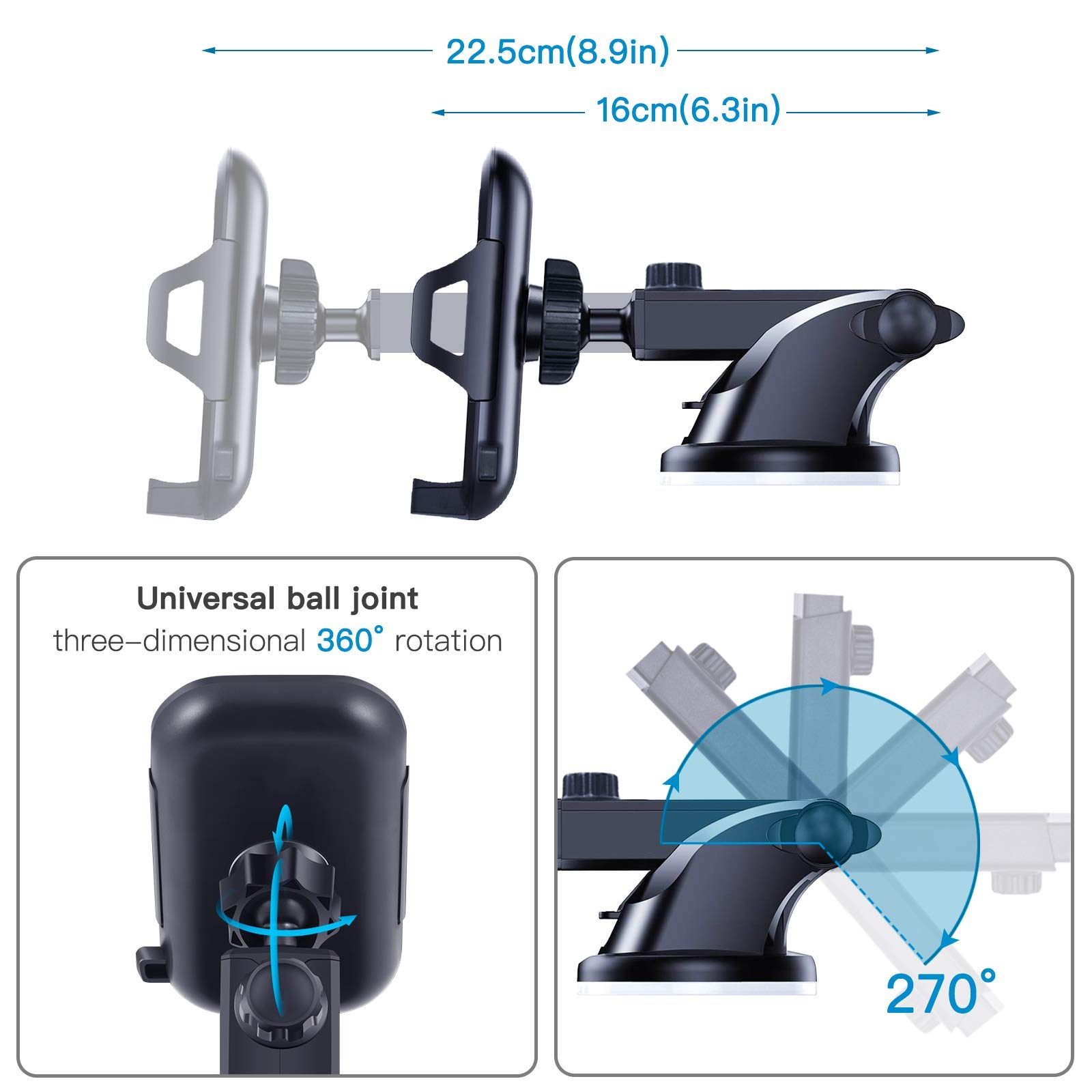 Upgraded Universal Car Phone Holder Mount - Dashboard & Windshield Compatible, Long Arm Strong Suction Air Vent Cell Phone Stand for iPhone, Samsung, Moto & More - Perfect for GPS Navigation & Hands-Free Driving