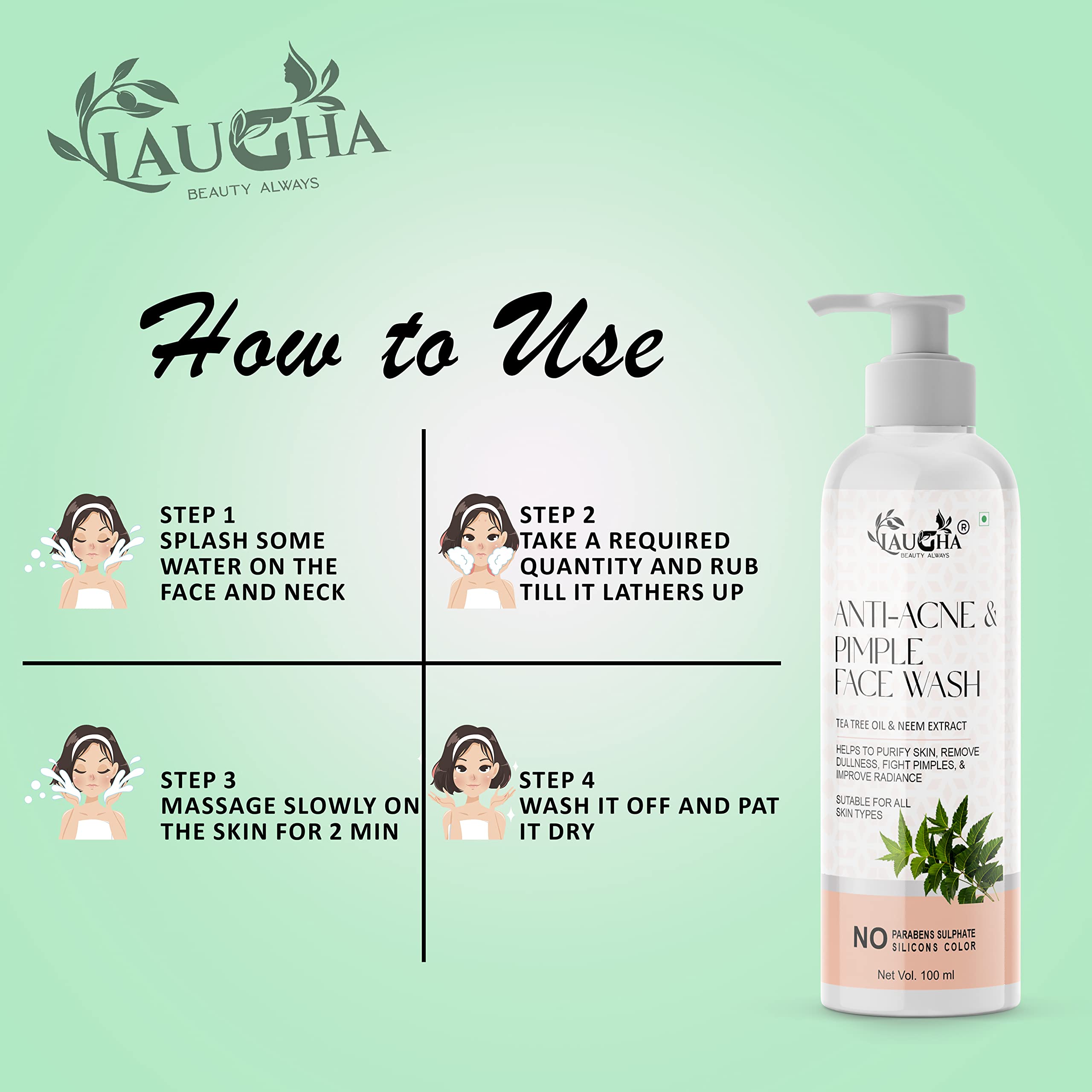 Laugha Anti Acne & Pimple Face Wash for Oily Skin - Tea Tree Oil, Neem & Aloe Vera Formula for Acne Marks Removal & Glowing Skin (Pack of 2, 200ml) | Daily Cleanser for Clear Complexion & Breakout Prevention