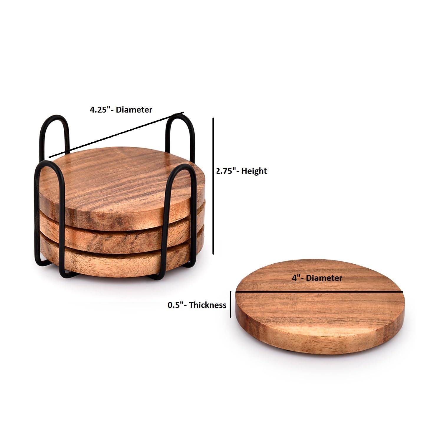 Premium Acacia Wood Drink Coasters Set of 4 with Iron Holder Stand - Natural Wooden Coasters for Coffee Tables, Bars & Home Decor - Protect Your Furniture from Water Rings & Heat Stains (Ideal for Coffee, Wine & Cocktail Parties)