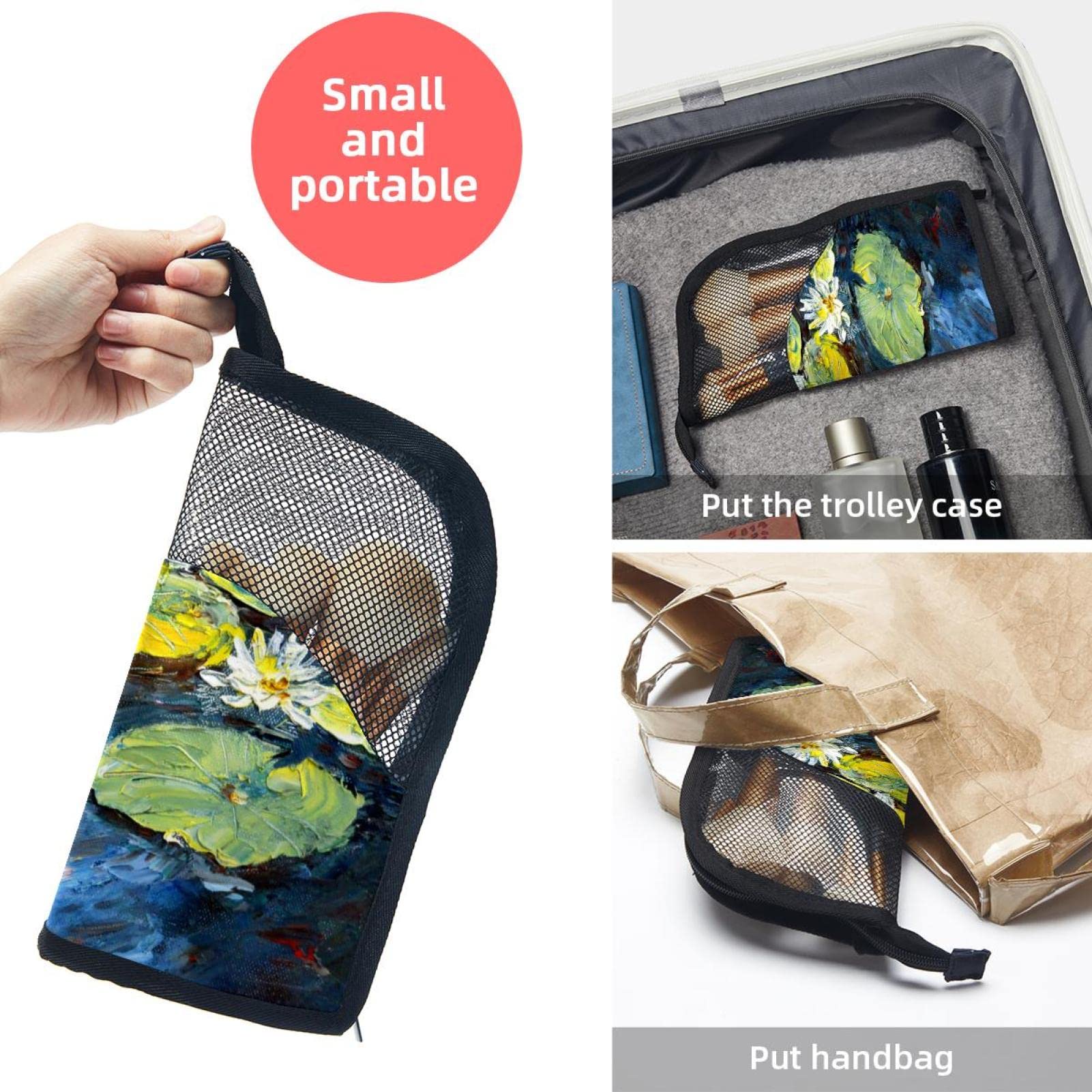 12 Pcs Makeup Brush Organizer Bag with Water Lily Lotus Oil Painting Design - Portable Travel Cosmetic Brush Holder Case for Professional Makeup Artists & Beauty Lovers (Perfect for Travel, Home Storage & Salon Use)