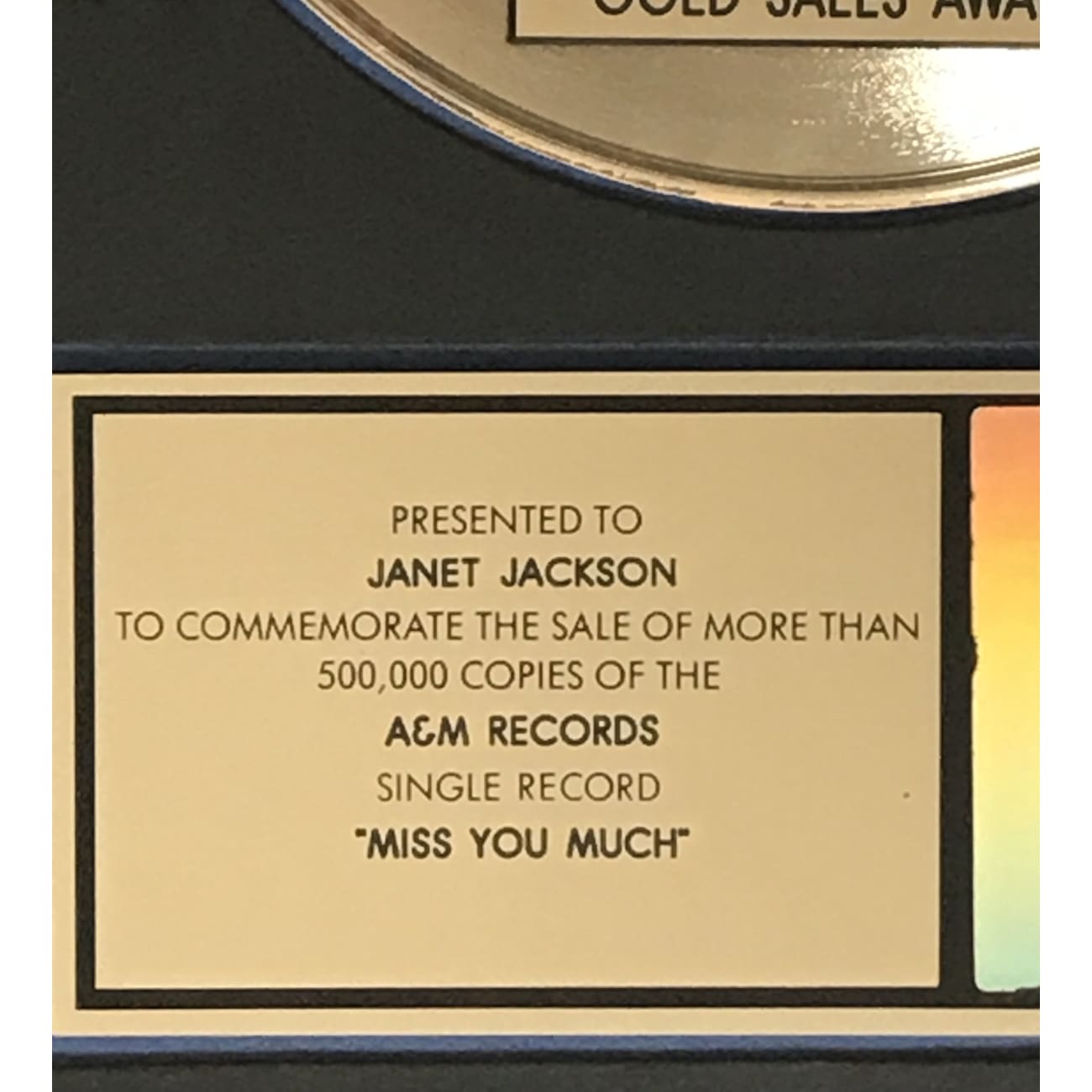 Janet Jackson Miss You Much RIAA Gold Single Award - Rare Collectible Music Memorabilia for Fans & Collectors | Perfect for Display in Music Rooms, Fan Collections & Awards Galleries