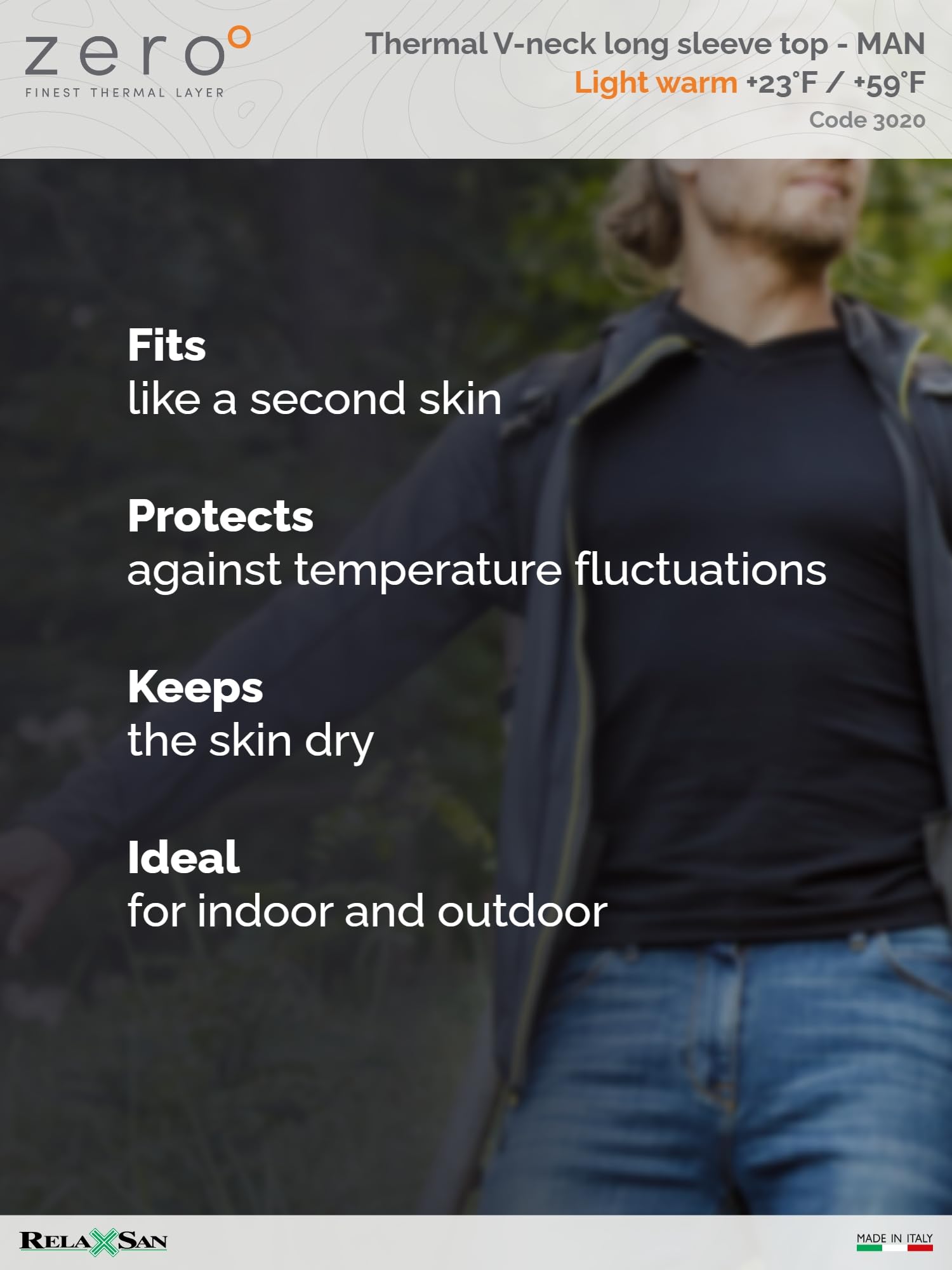 Relaxsan Zero 3020 Men's Thermal Long Sleeve Baselayer Shirt - Moisture Wicking Merino Wool & Dryarn Fiber Underwear for Cold Weather | Ideal for Hiking, Skiing & Winter Sports