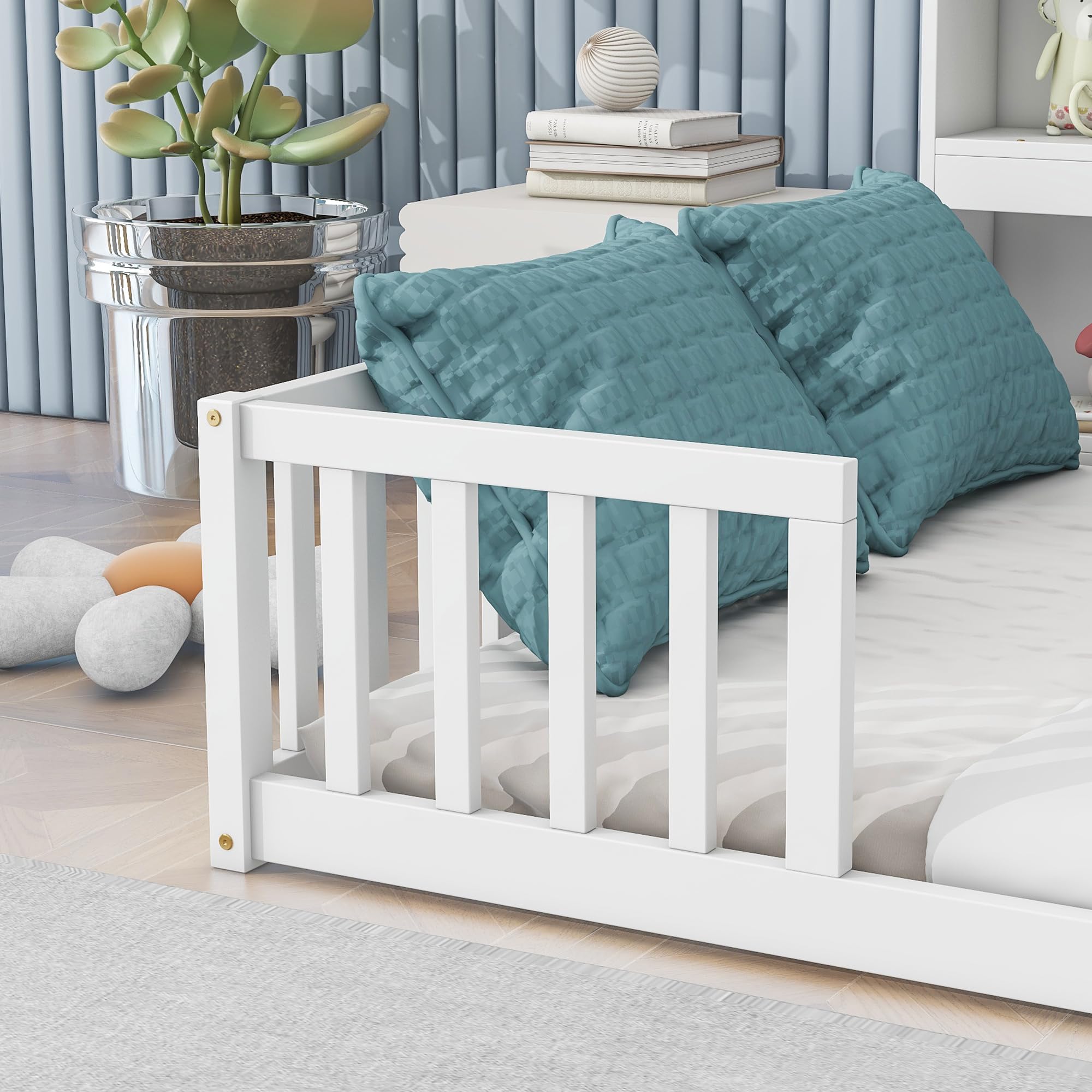 Full Size Floor Bed with Bedside Bookcase & Shelves - Multifunctional Wooden Platform Bed with Guardrails & Storage Headboard - Low Profile Kids & Teens Bed (White) - Perfect for Small Rooms, Dormitories & Cozy Bedrooms