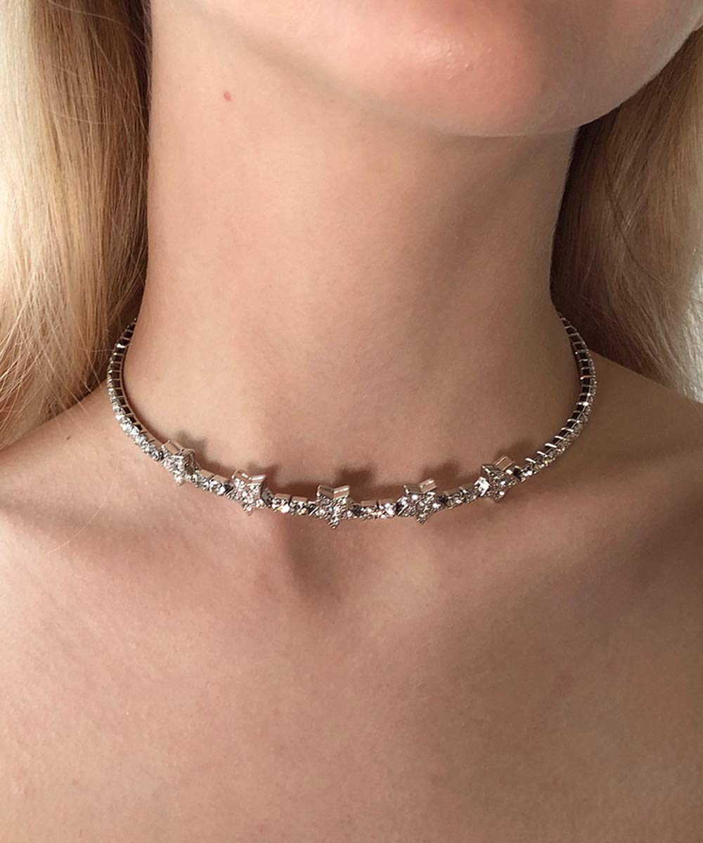 Sparkling CZ Rhinestone Choker Necklace for Women - Elegant Silver Iced Out Chain, Wedding & Party Jewelry, Fashion Gift for Her - Perfect for Prom, Date Night & Special Occasions