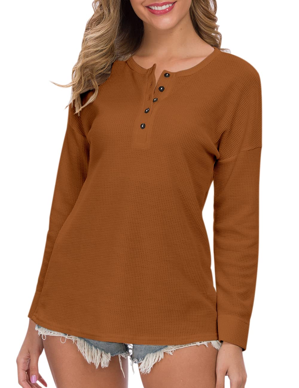 WNEEDU Women's Waffle Knit Tunic Top - Long Sleeve Loose Fit Button Up V-Neck Henley Shirt for Casual Wear, Office & Fall Outfits