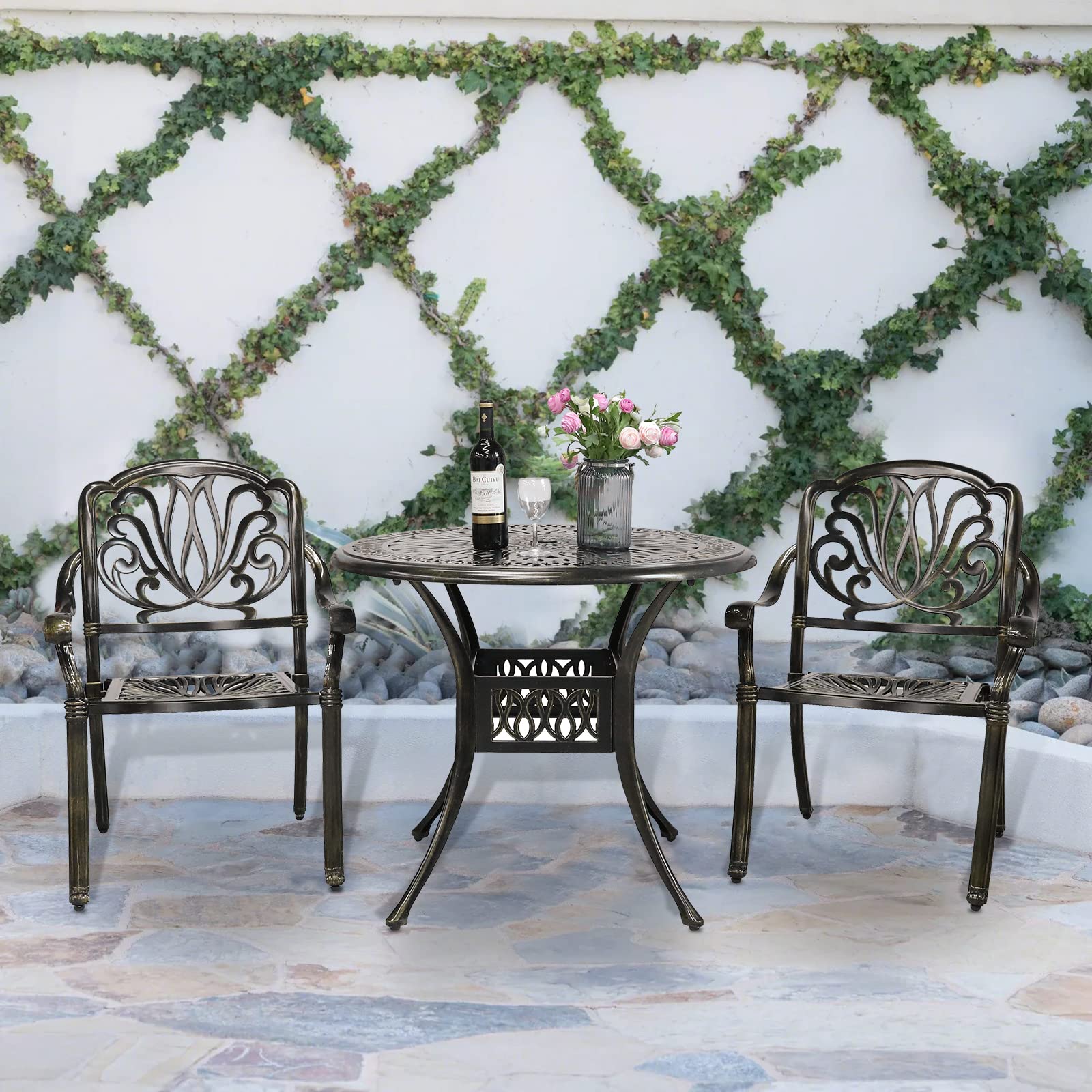 VIVIJASON 3-Piece Outdoor Patio Bistro Set - All-Weather Cast Aluminum Dining Table & Chairs with 35.4