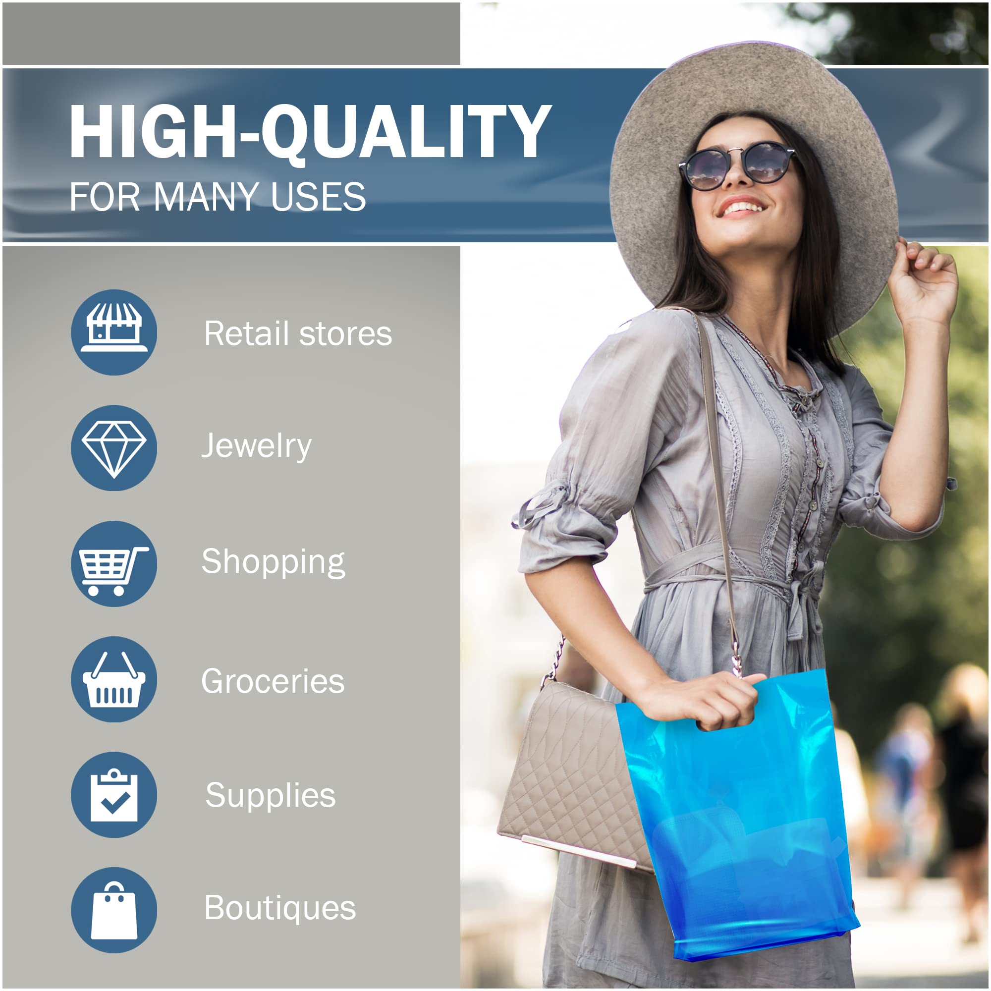 100 Pack Blue Glossy Plastic Shopping Bags with Handles 9x12x1.25 Inches - Bulk Merchandise Bags for Boutique, Retail Store, Gift Shop & Toy Store - Perfect for Packaging, Promotions & Customer Purchases