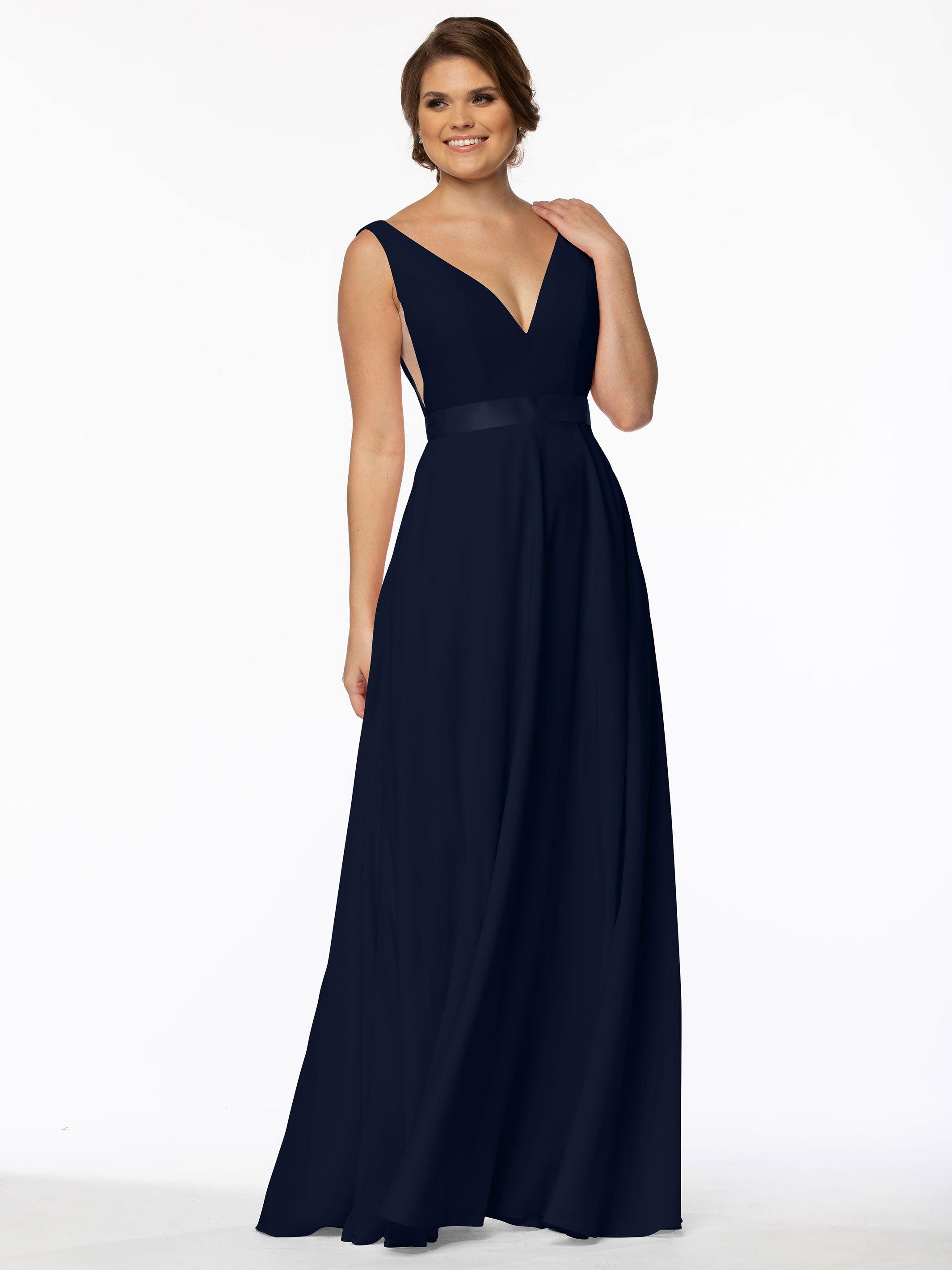 Elegant 80117 Stretch Chiffon A-Line Bridesmaid Dress with V-Neck & Sash - Perfect for Weddings, Formal Events & Special Occasions
