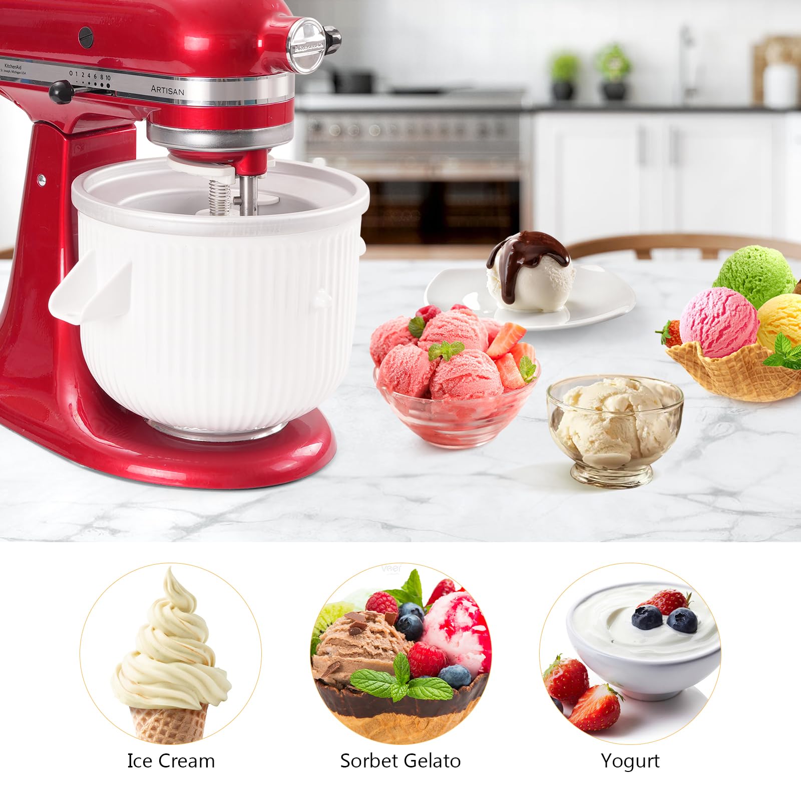 KitchenAid Ice Cream Maker Attachment - Compatible with 4.5 QT & Larger Stand Mixers, 2-Quart Frozen Yogurt & Sorbet Gelato Maker, Dishwasher Safe - Perfect for Homemade Desserts & Summer Treats