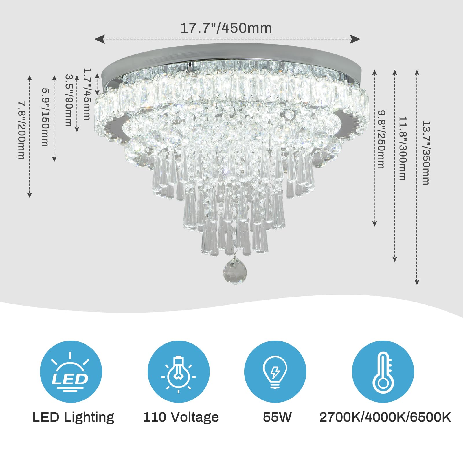 CLAIRDAI Modern Crystal Chandelier - Dimmable LED Flush Mount Ceiling Light with Remote Control & 5-Tier Crystal Drops | Perfect for Hallway, Bedroom, Dining Room, Living Room | Elegant Lighting for Home Decor & Special Occasions