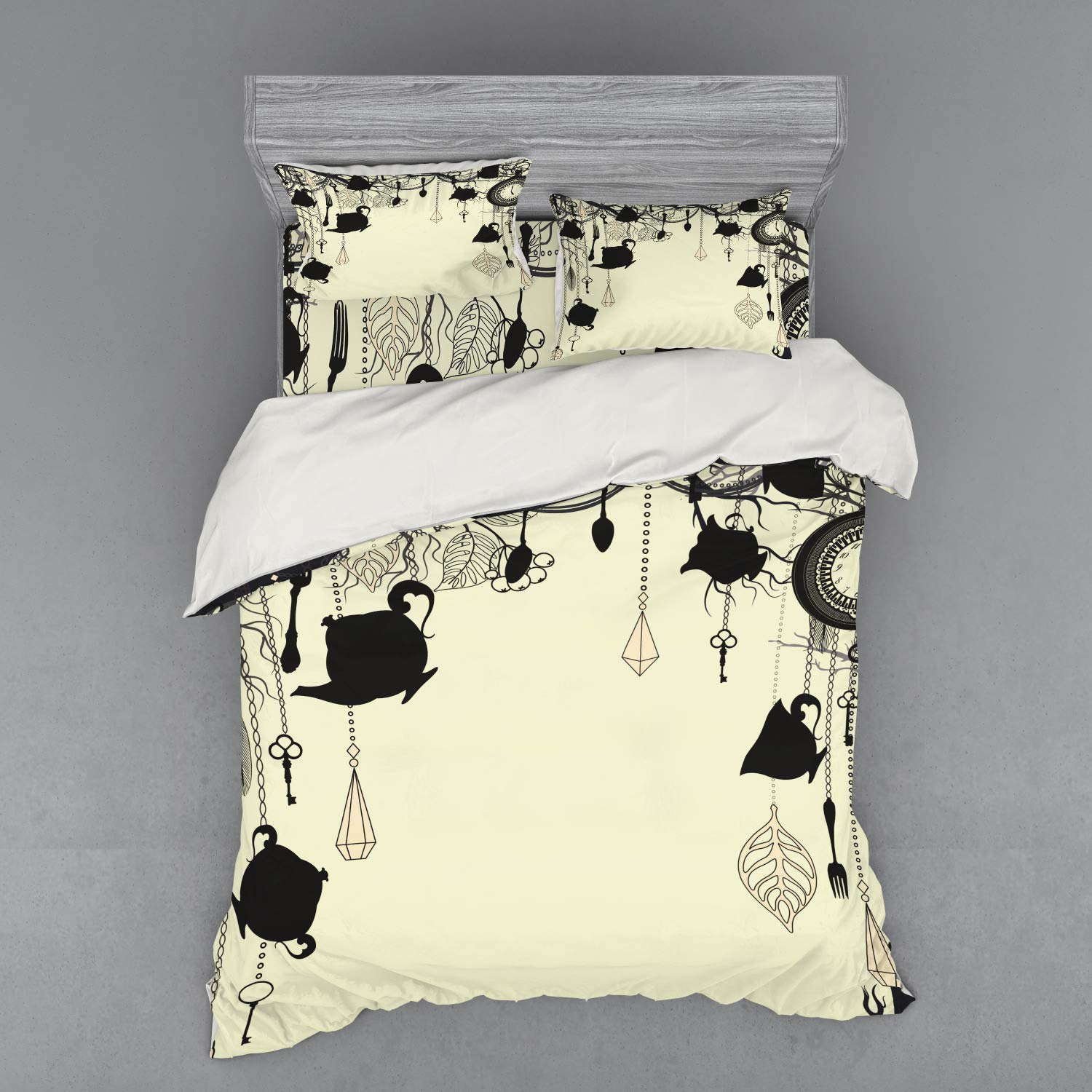 Ambesonne Vintage Tea Party 4-Piece Queen Bedding Set - Antique Diamond Forks Spoons Cups Leaves Tree Branch Art Duvet Cover with Shams & Fitted Sheet, Avocado Green & Black - Perfect for Vintage Themed Bedrooms, Guest Rooms & Tea Party Decor