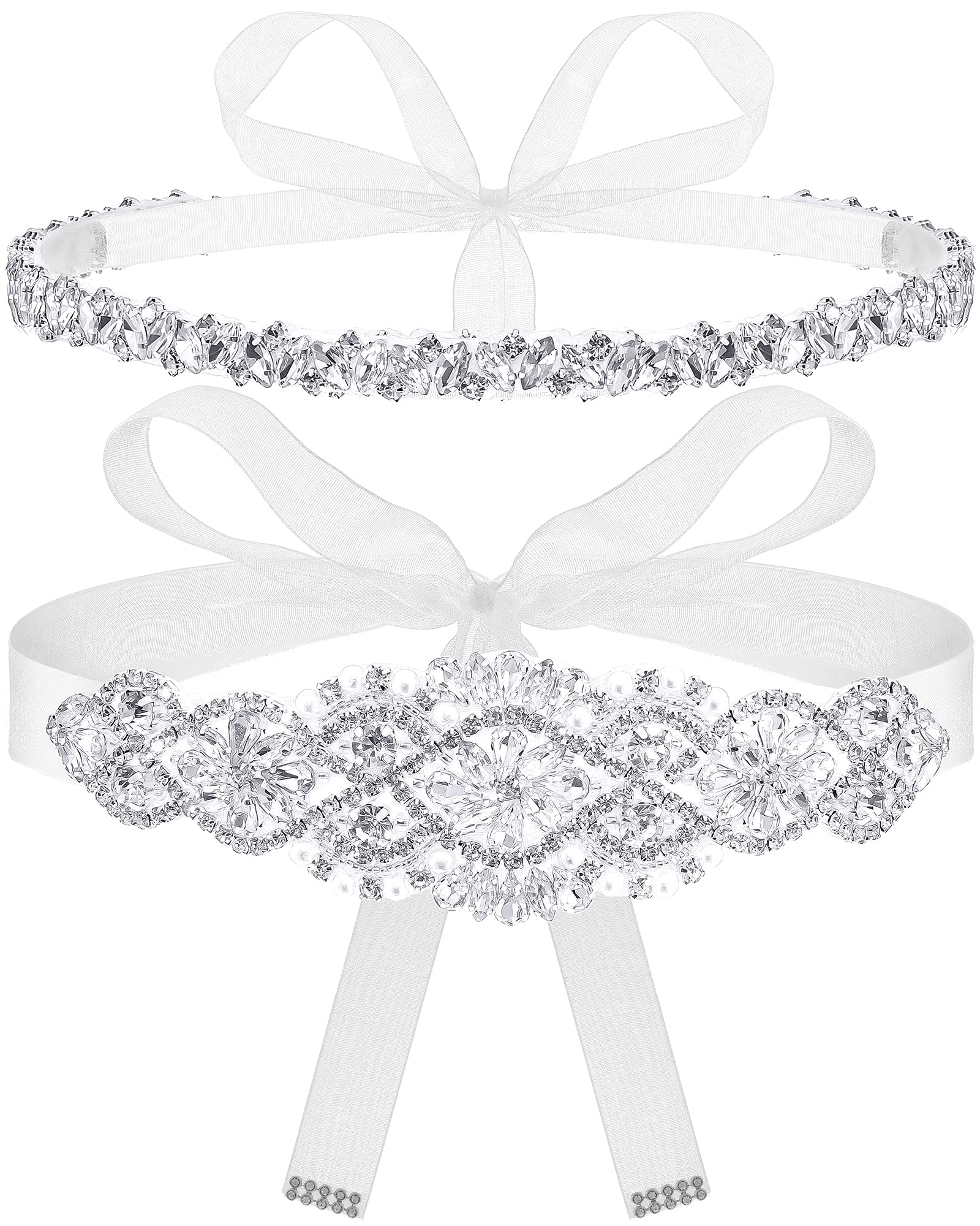 SATINIOR 2-Pack Rhinestone Wedding Sash Belt - Crystal Diamond Bridal Waistband for Bride & Bridesmaids - Elegant White Wedding Accessory for Ceremony, Reception & Photoshoots