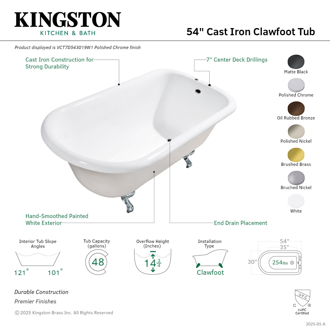 Aqua Eden 54 Inch White Cast Iron Clawfoot Bathtub with Brushed Brass Flat Rim Roll Top - Classic Freestanding Tub with 7 Inch Faucet Drillings for Vintage Bathroom Decor & Spa Relaxation