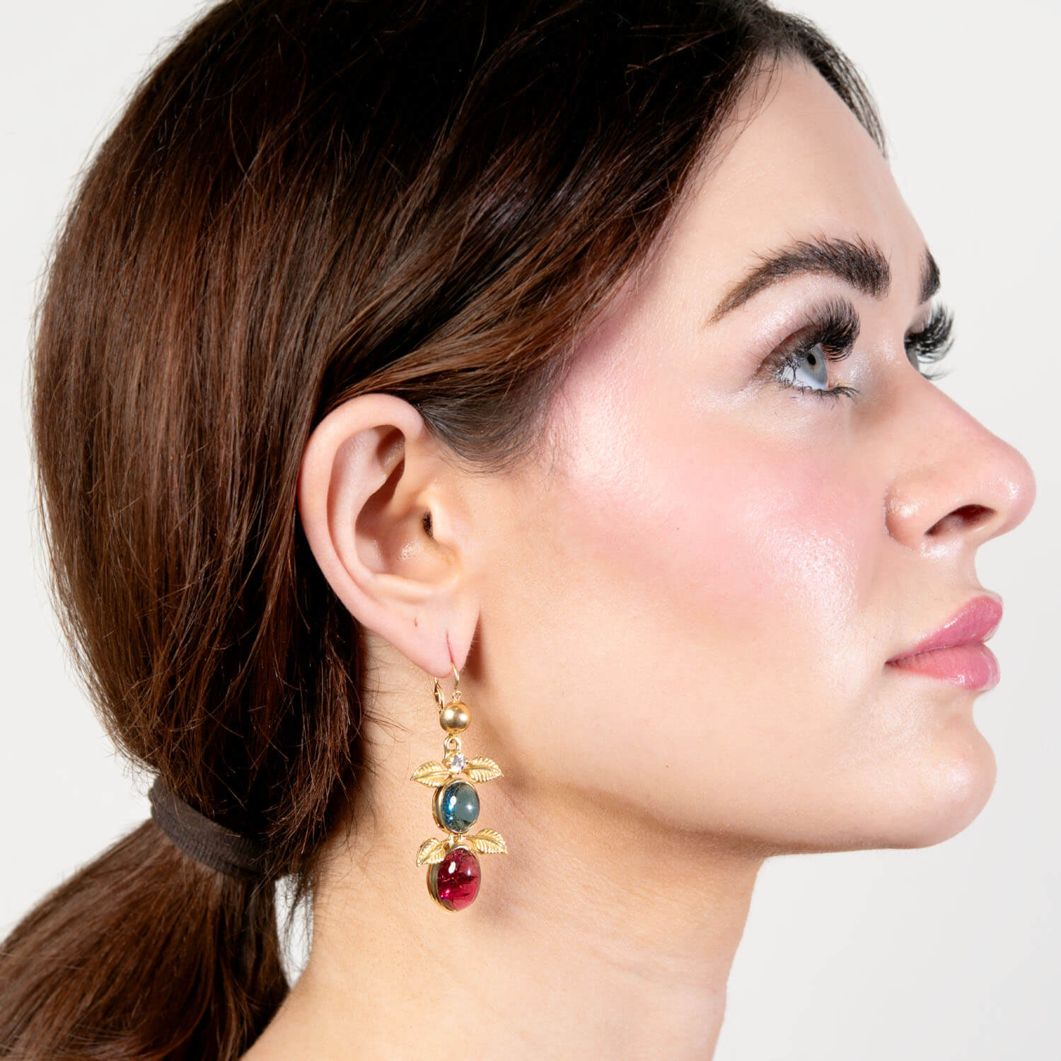 18K Gold Tourmaline Rubellite Diamond Foliage Drop Earrings for Women - Elegant Dangle Earrings for Wedding, Party & Special Occasions