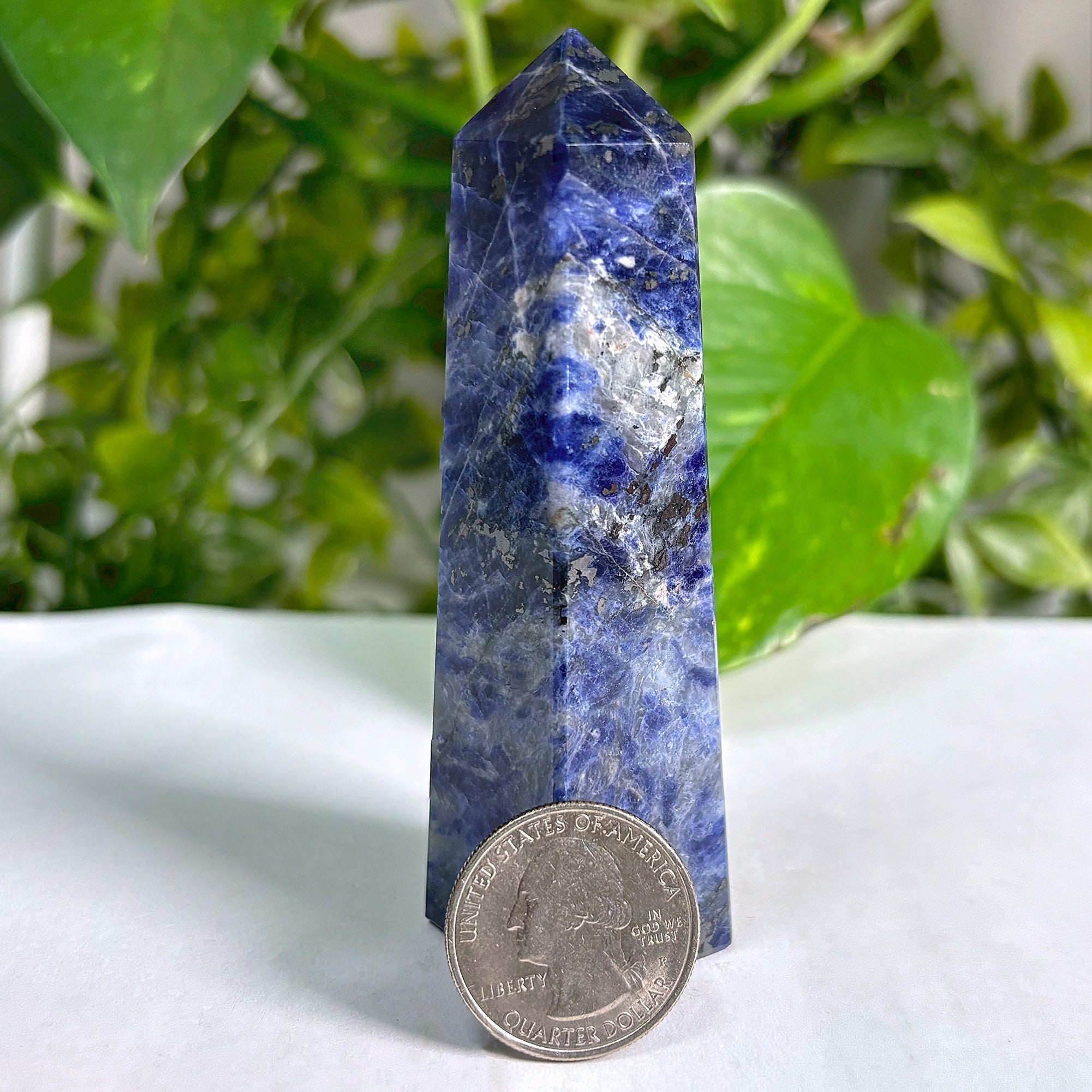 Polished Natural Sodalite Crystal Obelisk Tower Point - Healing Stone for Meditation, Feng Shui, Chakra Balancing & Home Decor - Perfect for Office Desk, Yoga Space & Spiritual Altar Display